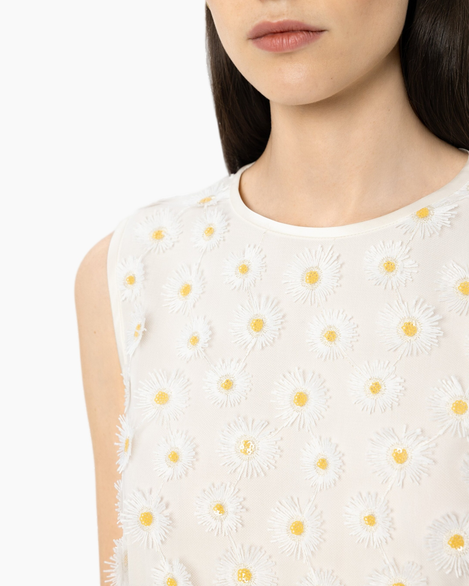 white, dress, embroidery, daisy pattern, sleeveless