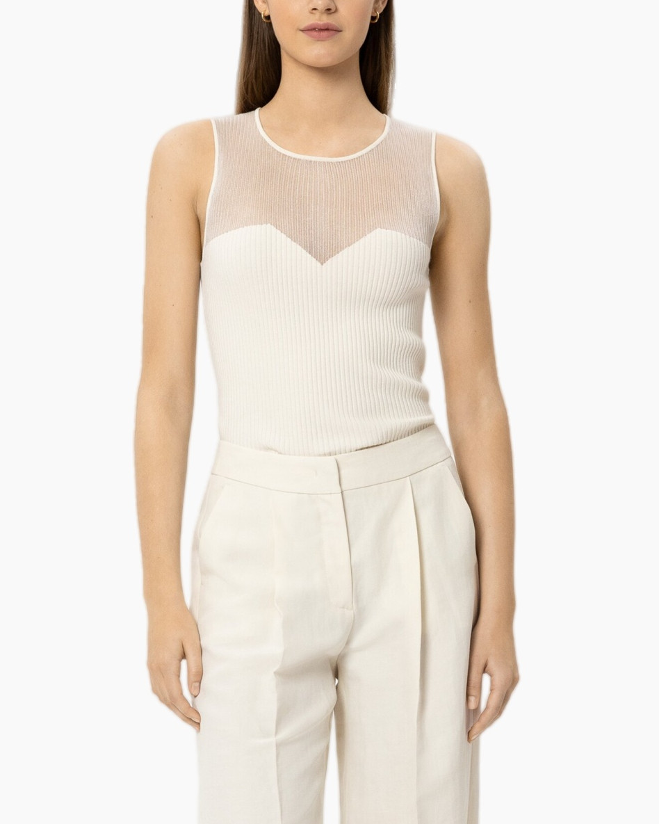 tanktop, ribbed breton?, mesh tule, crème blanc, broek met plooi
