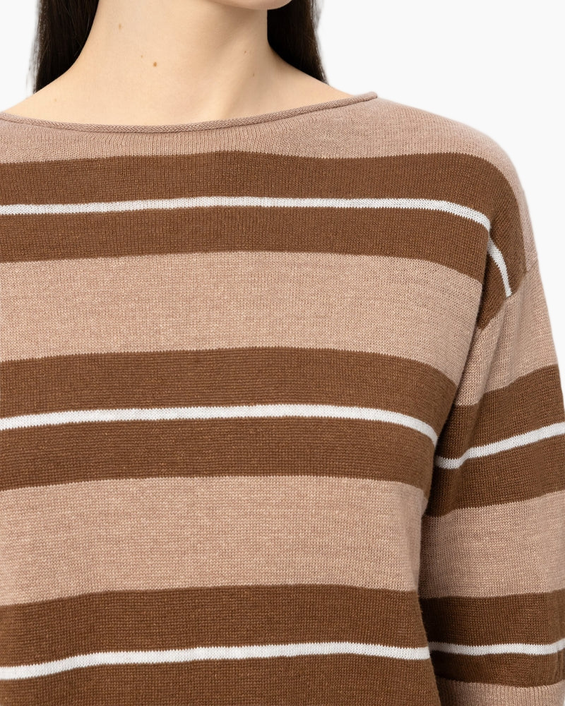 gestreepte trui, gebreide top, bruine strepen, lange mouw, ronde hals