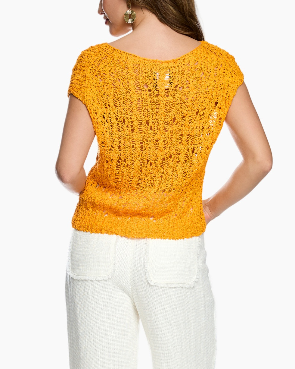 knit top, orange top, crochet, short sleeves, pullover sweater