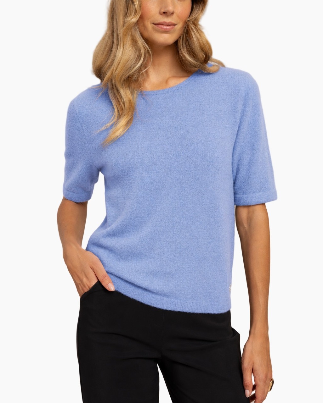 pullover, gebreid, korte mouwen, lichtblauw, effen
