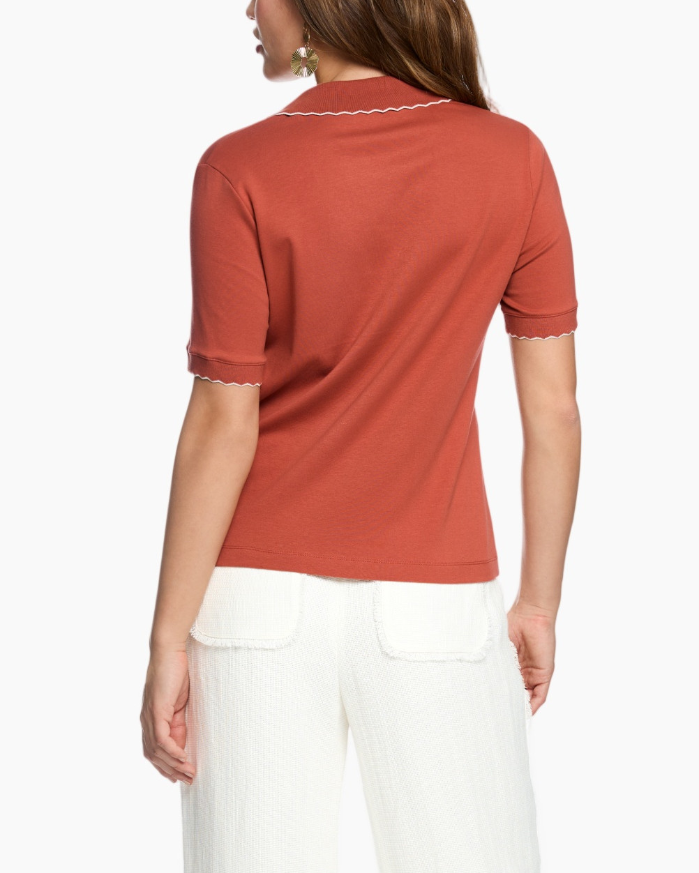 polo shirt, short sleeve, collared, solid color, rust red