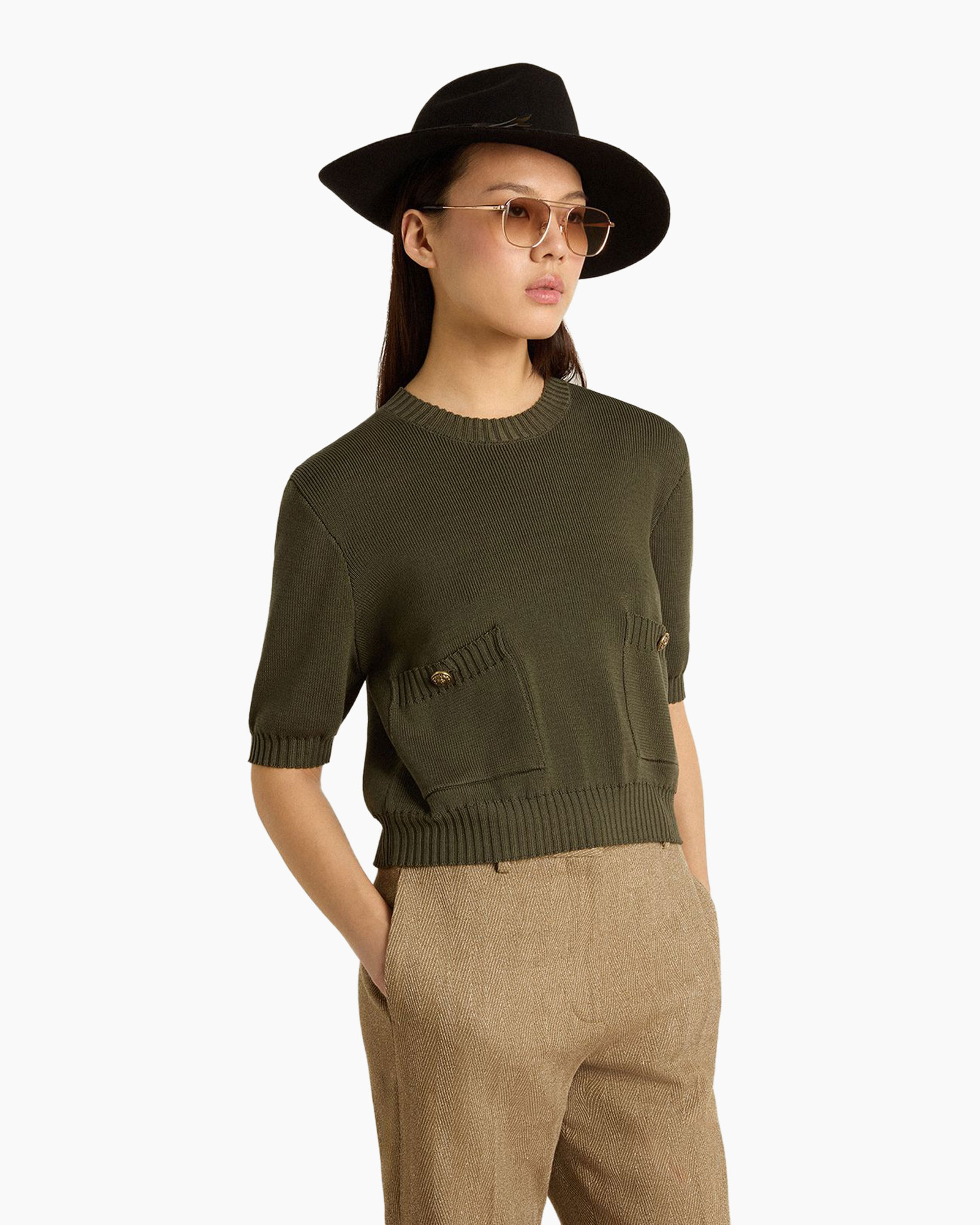 Trui Journey W's Cropped Knit Ottavia Crew Pocket Donker Groen