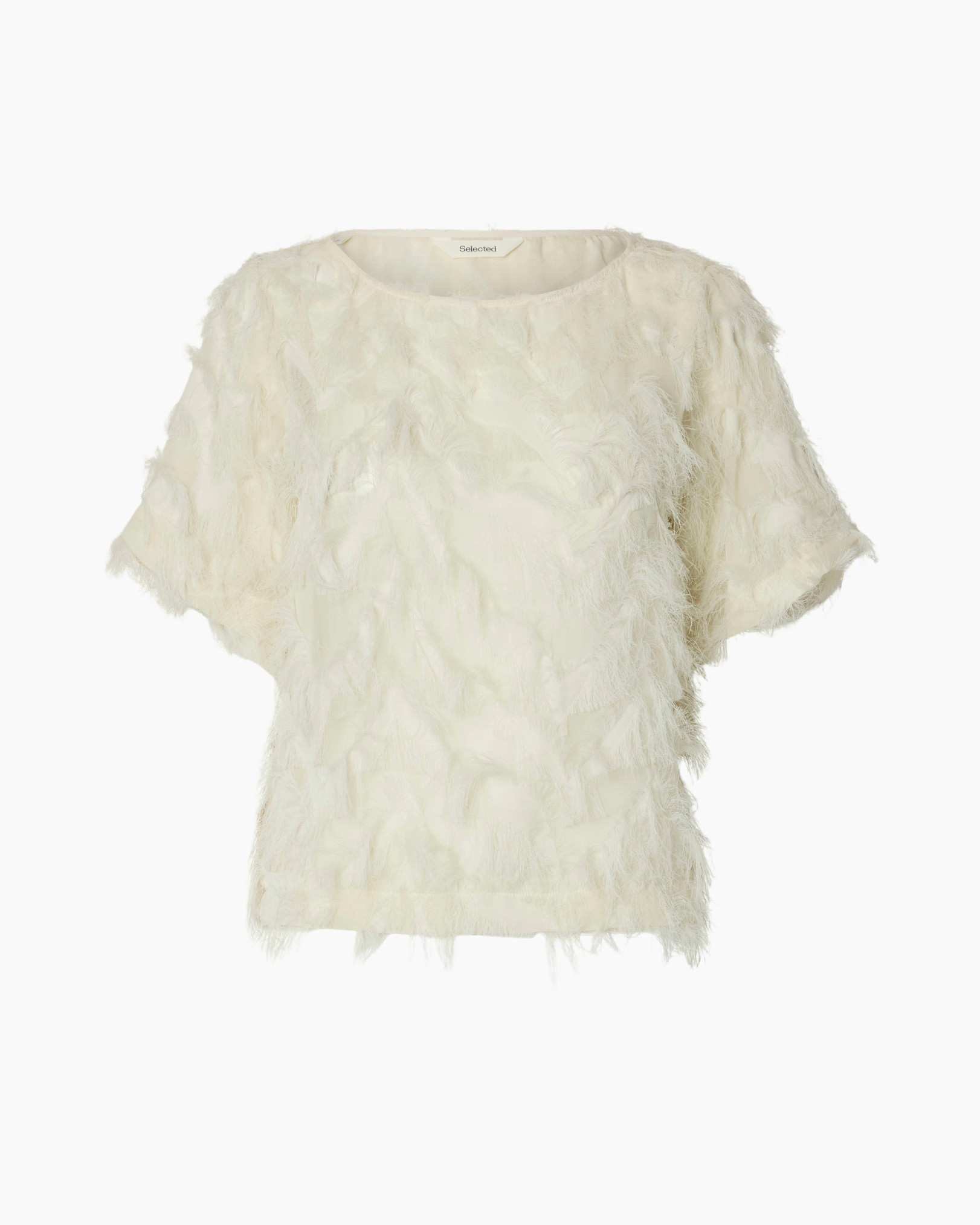 top, feathered, white, textured, short-sleeve