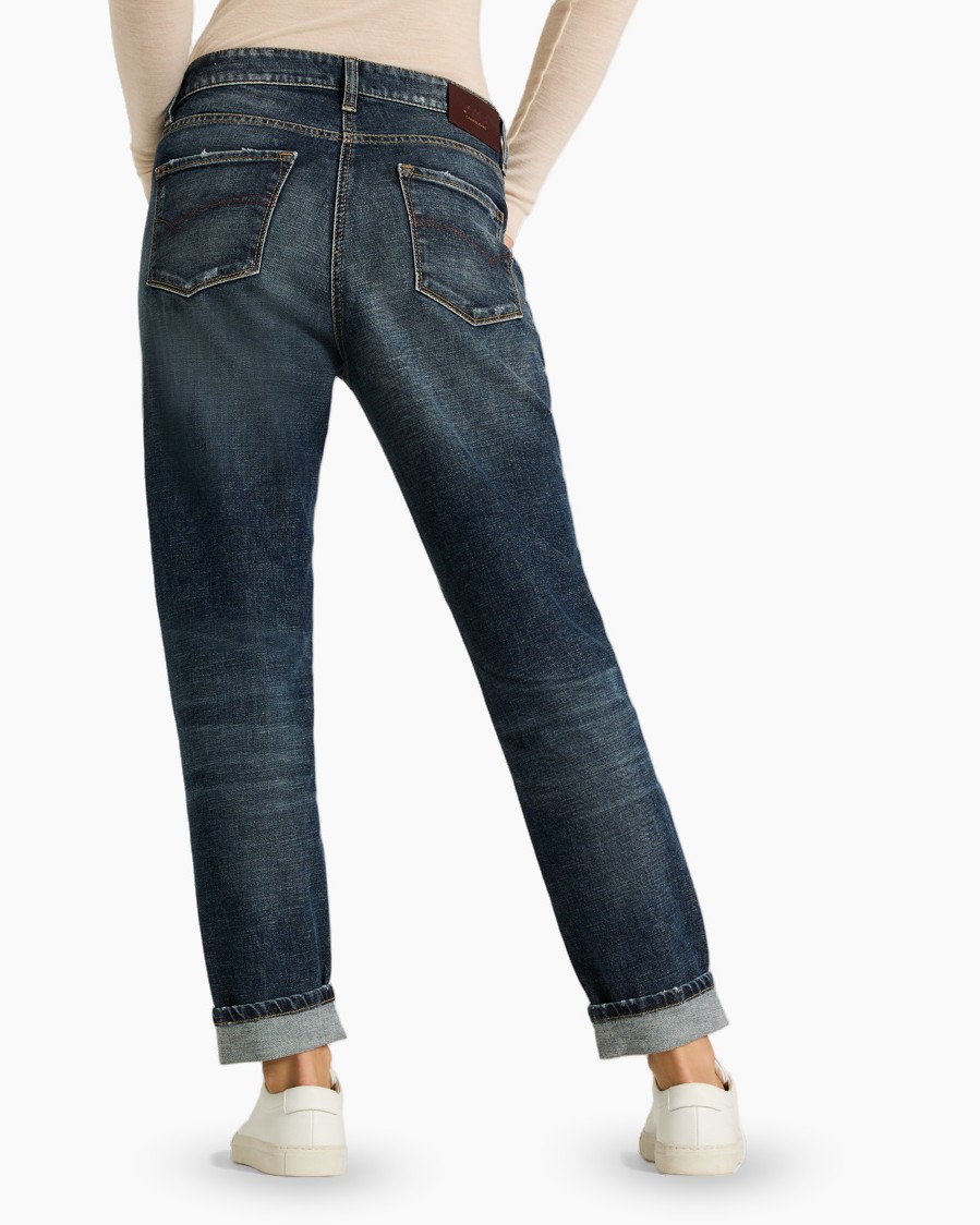 spijkerbroek, denim, rechte pasvorm, middellange wash, gerolde zoom