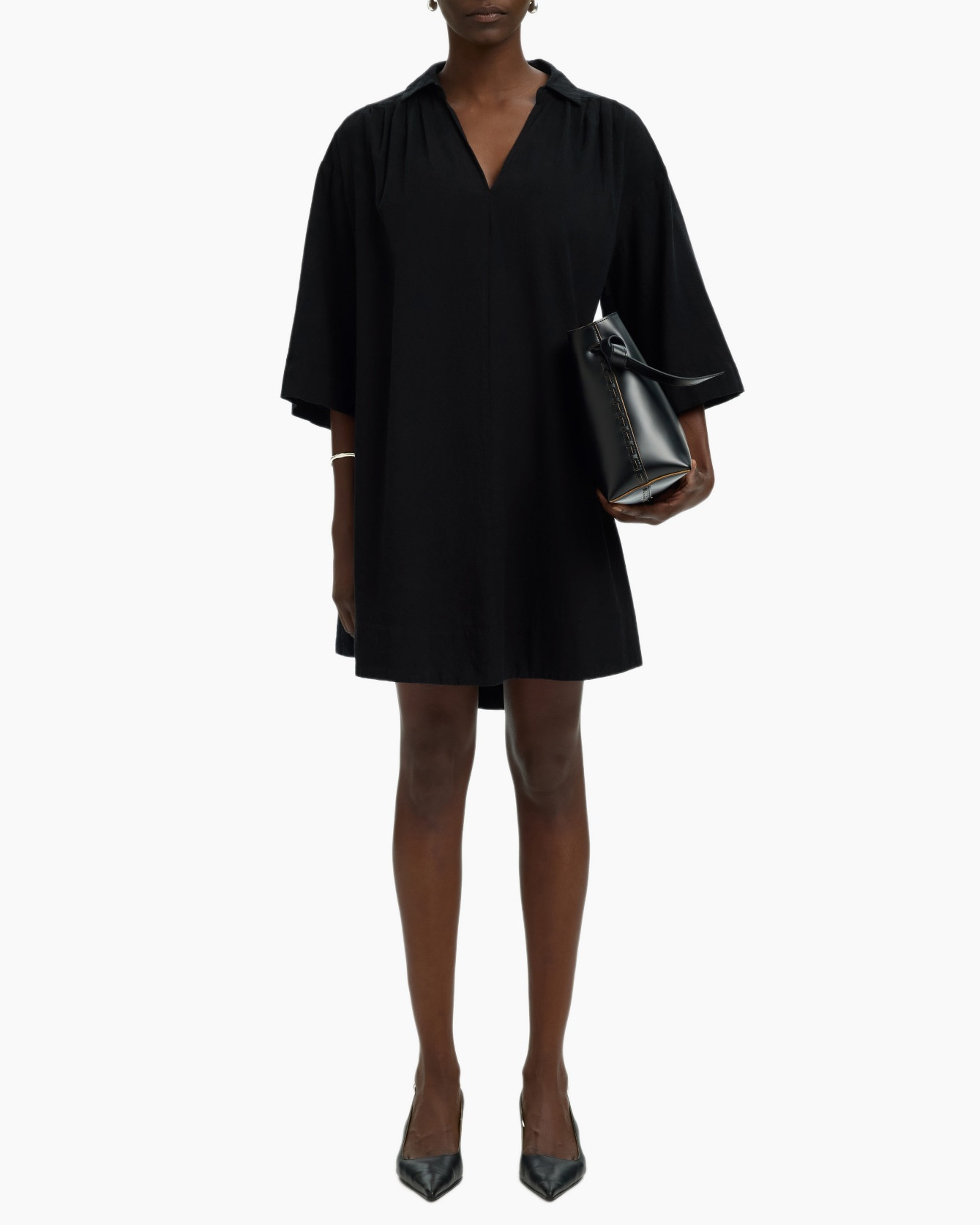 jurk, zwart, shift, knie-lengte, korte mouwen