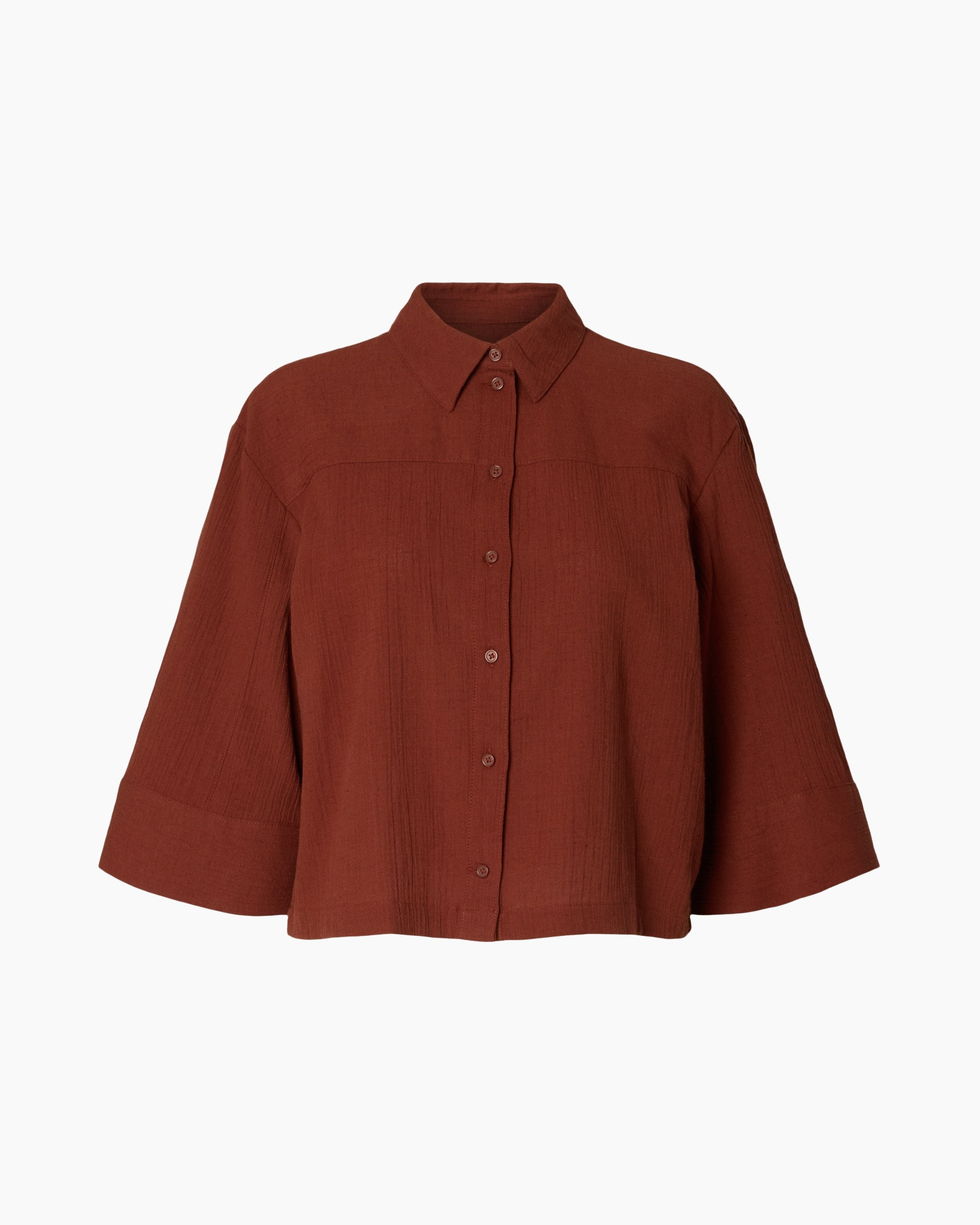 hemd, blouse, knopenblouse, rood-oranje, wijdedekkenmouw