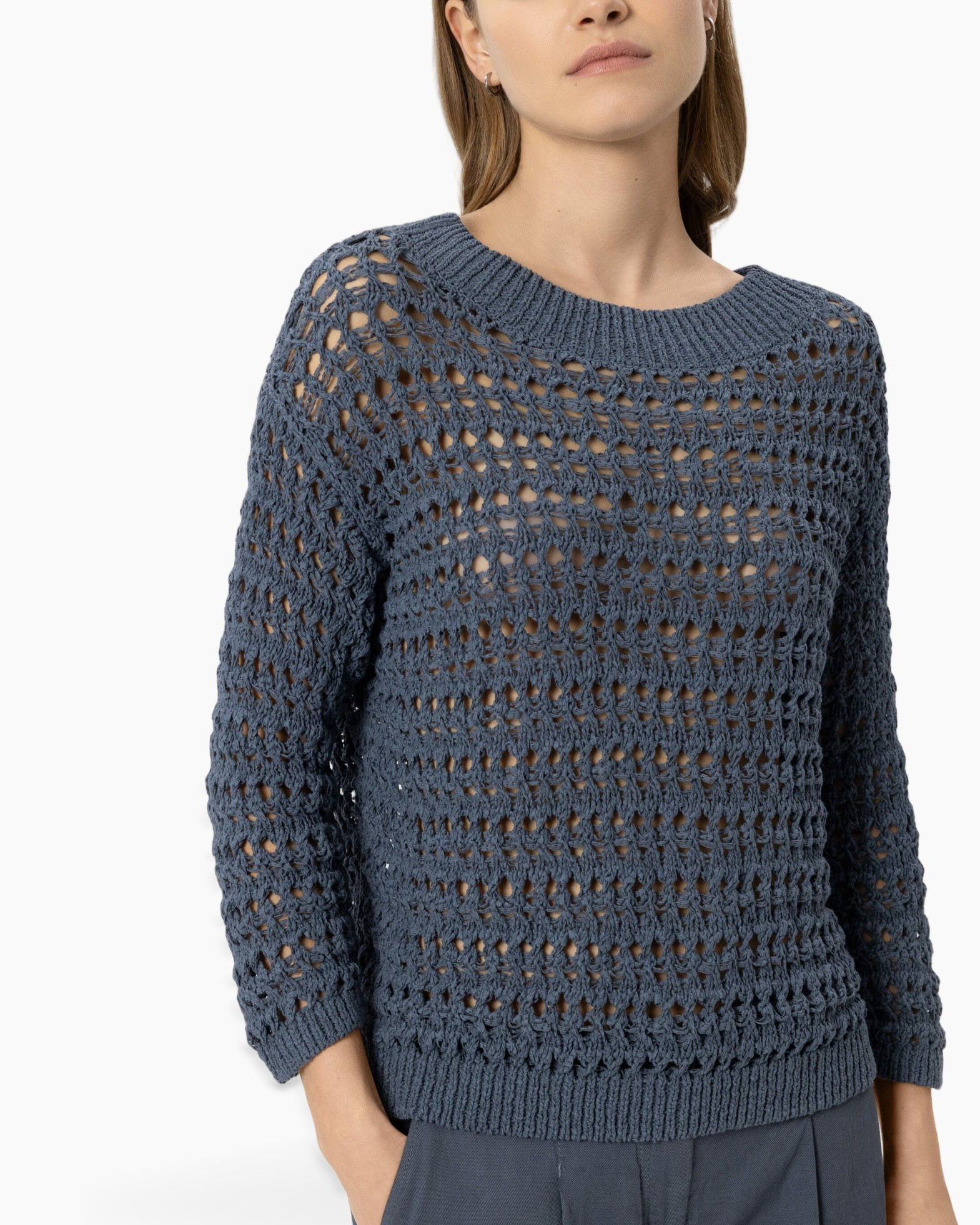 kjeuwerige trui, openwork gebreid, lange mouwen, rond hals, lossere pasvorm