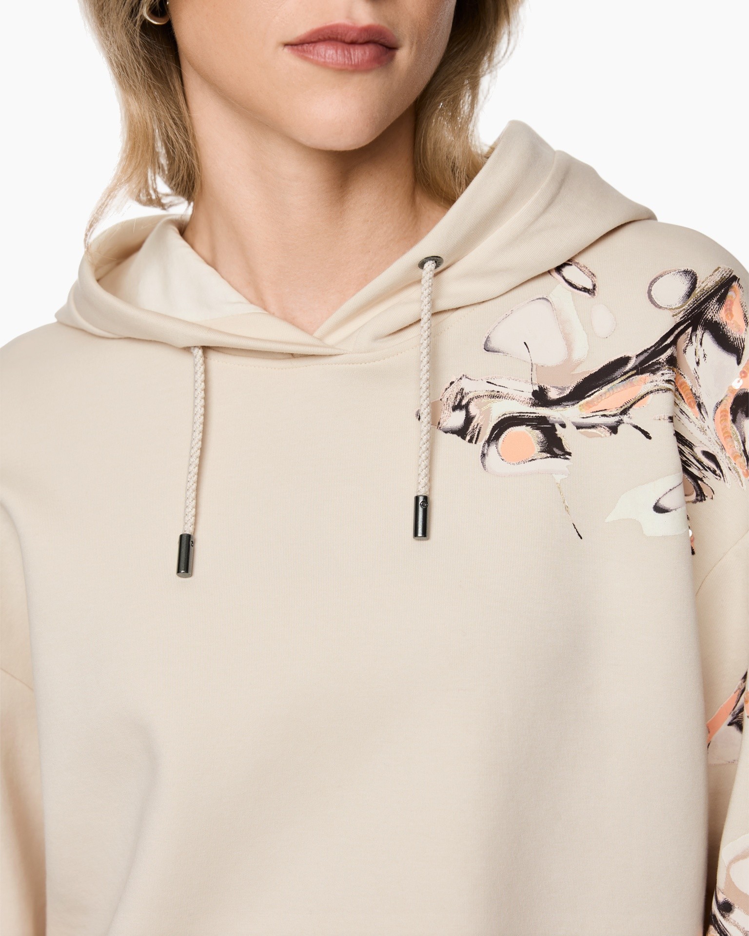 hoodie, beige, trekkoord, druk, zacht