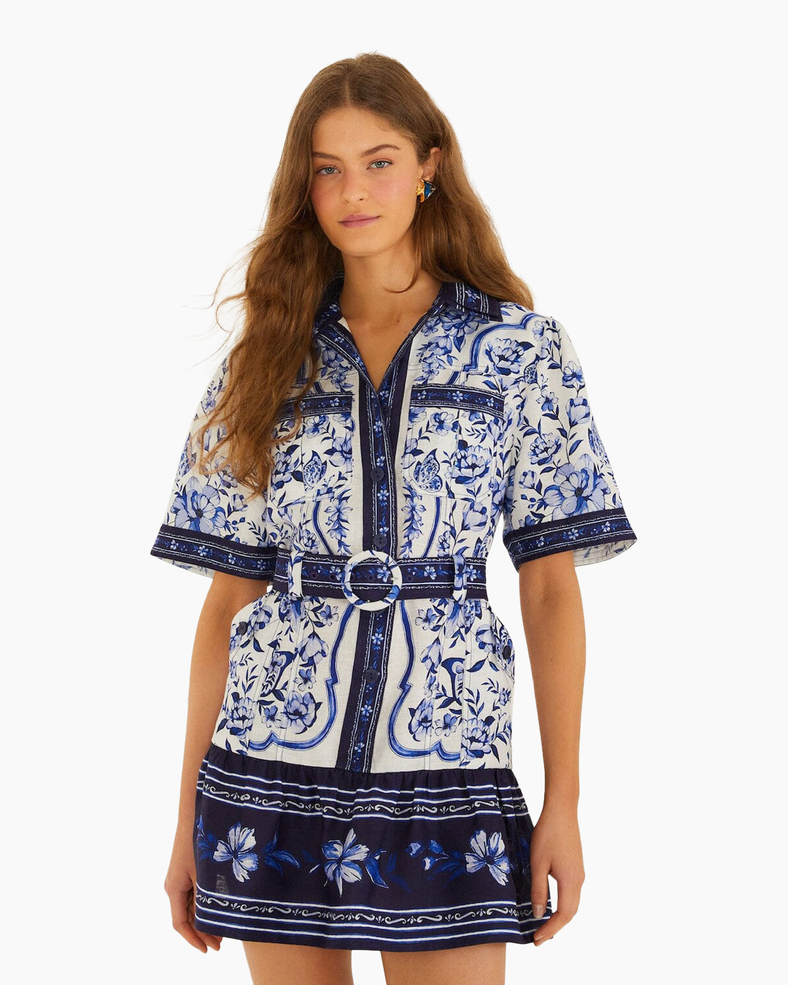 jurk, korte mouw, riem, bloemenprint, blauw-wit