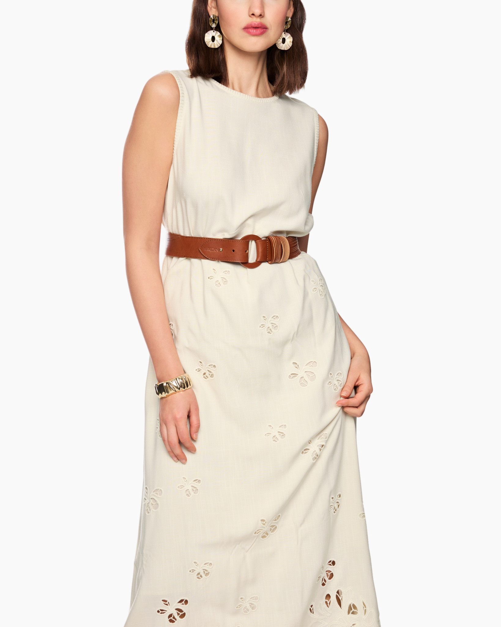 dress, sleeveless, beige, embroidery, belt