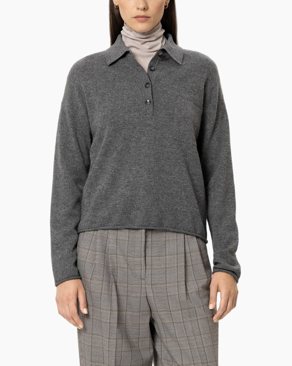 poloshirt, lange mouwen, grijs, gebreide polo, kraagtop