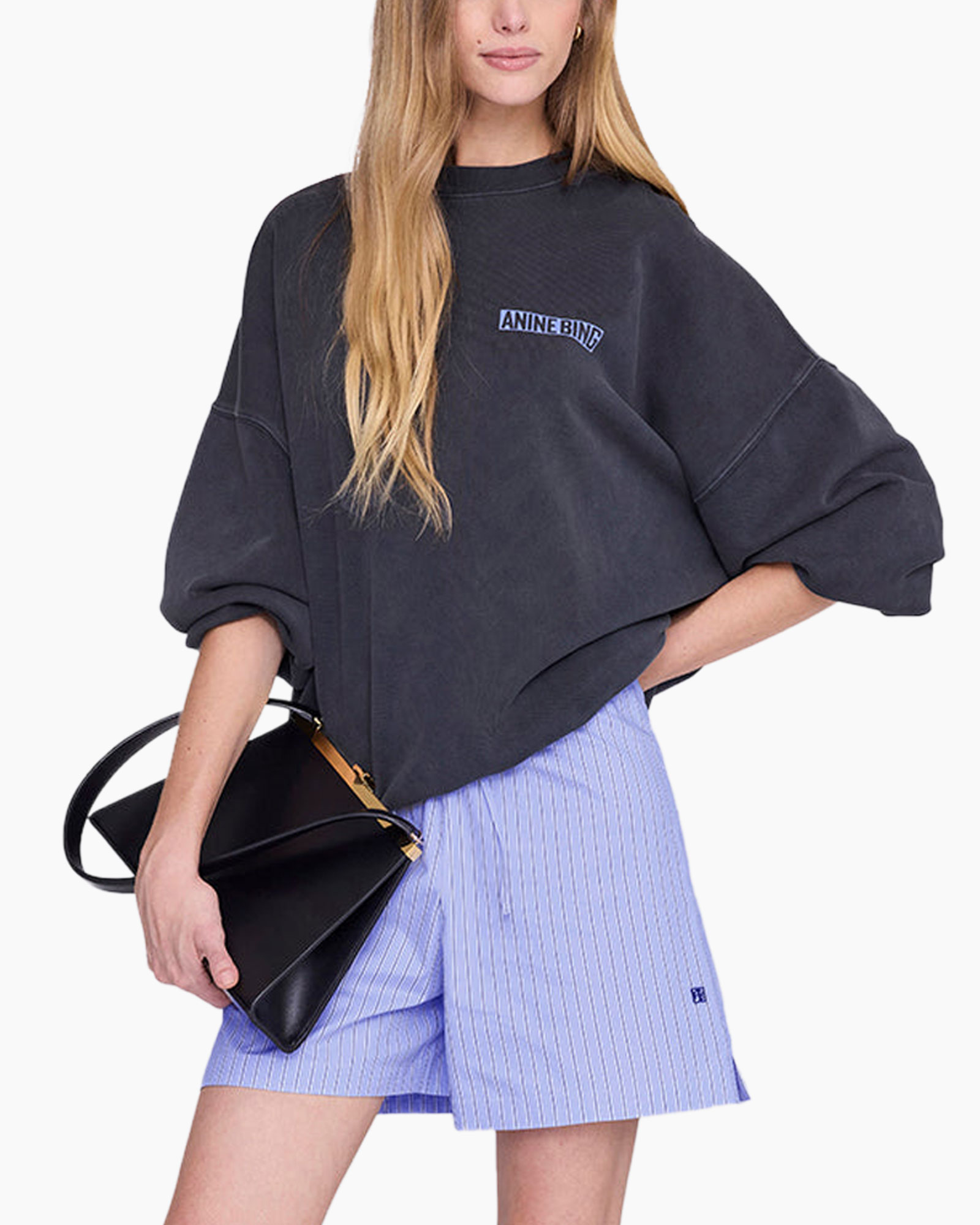 oversized sweatshirt, lange mouw, donkergrijs, logo patch, gestreepte short