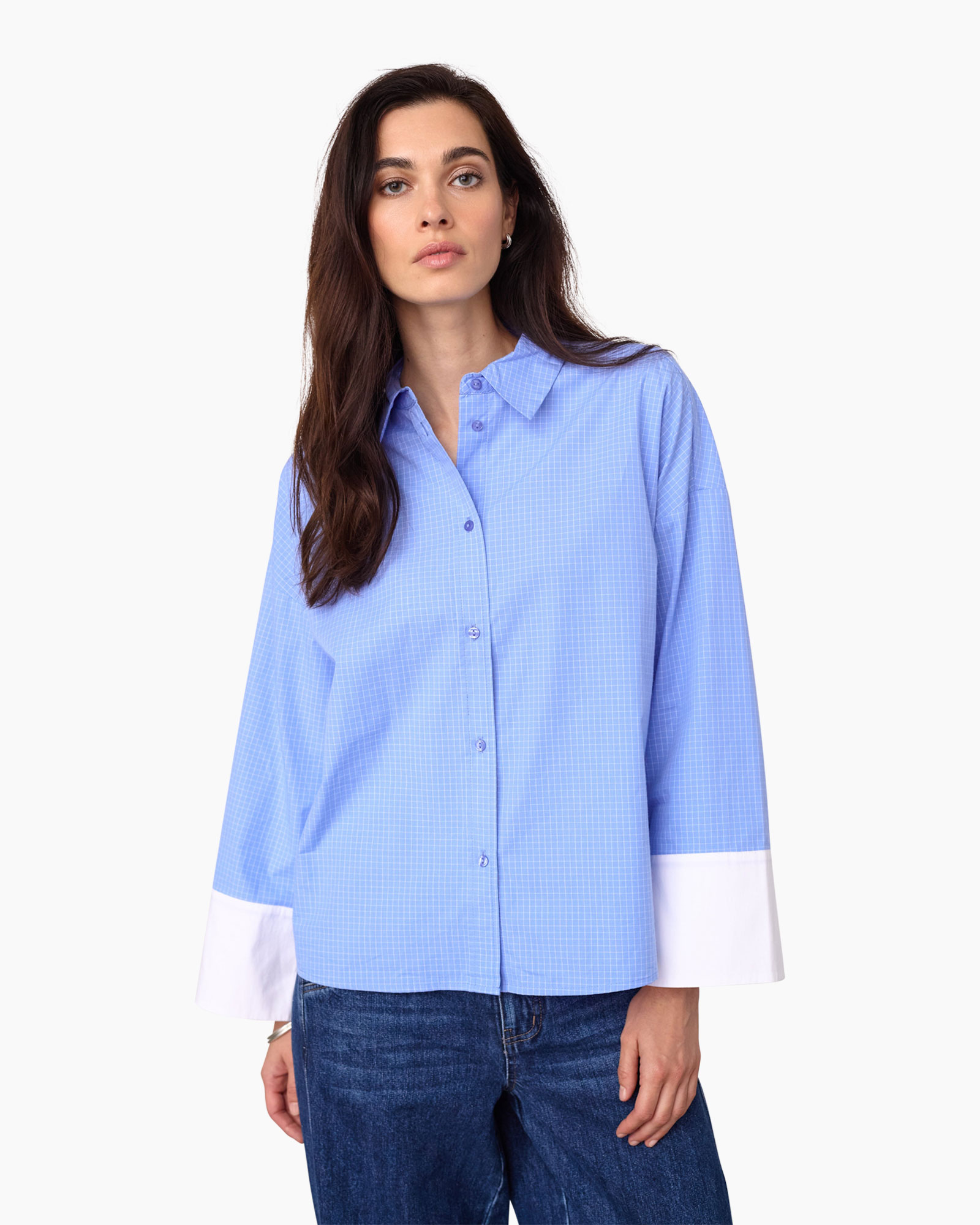 knopen blouse, lange mouwen, blauw shirt, kraagshirt, contrast boorden