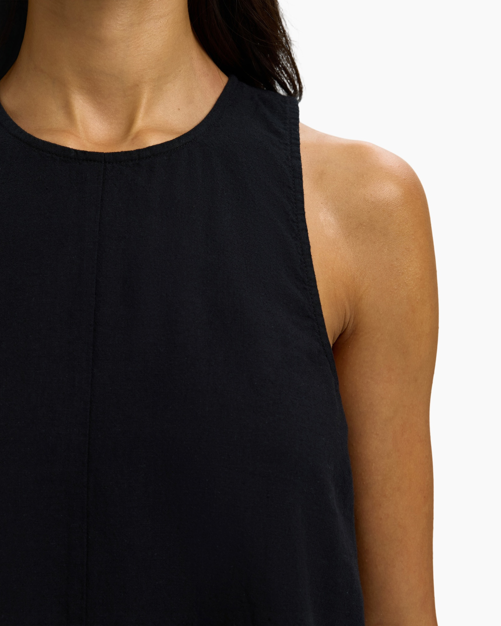 sleeveless top, black, tank top, crew neck, woven fabric
