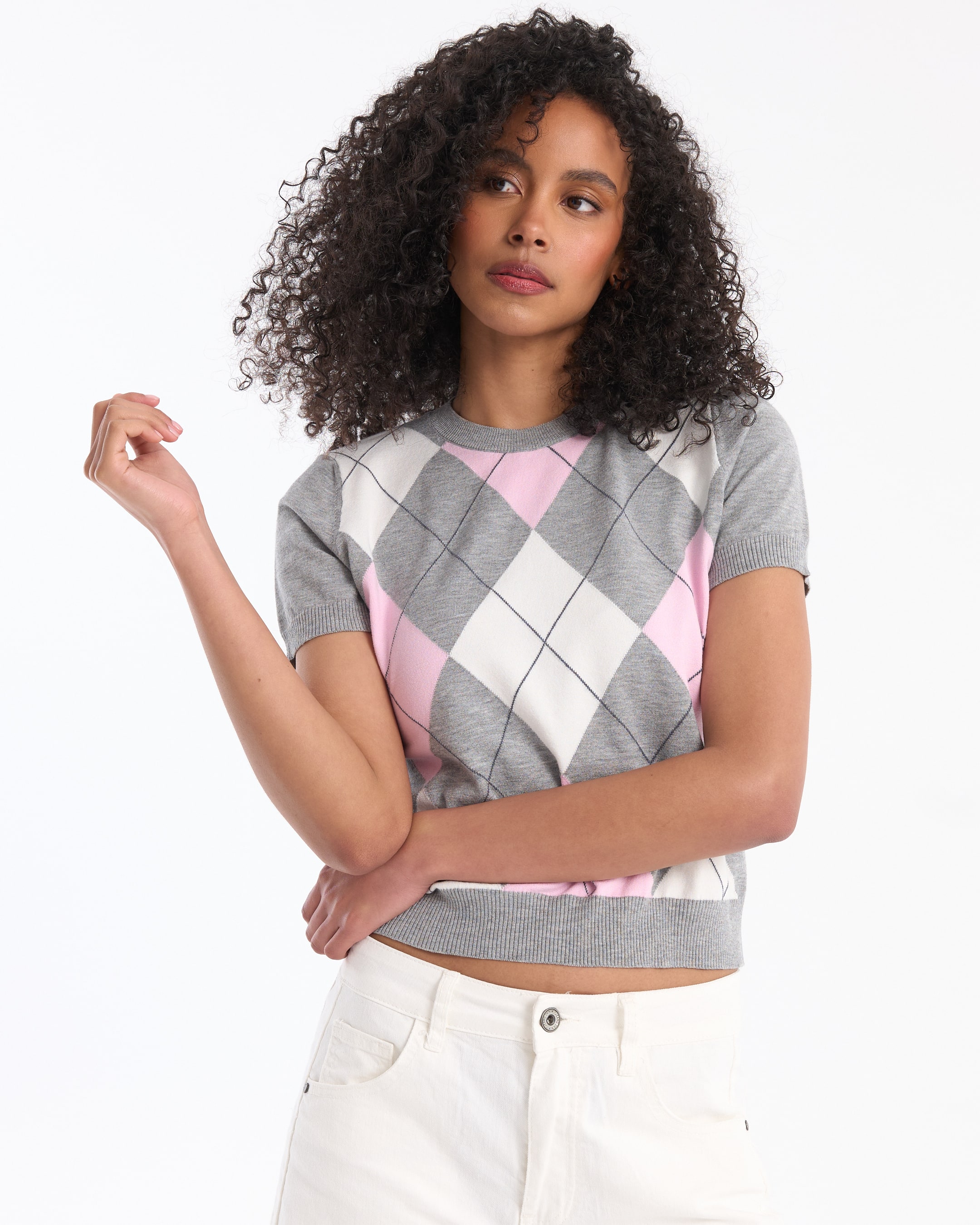 argyle sweater, short sleeve, pink gray white, cropped sweater, knit top
