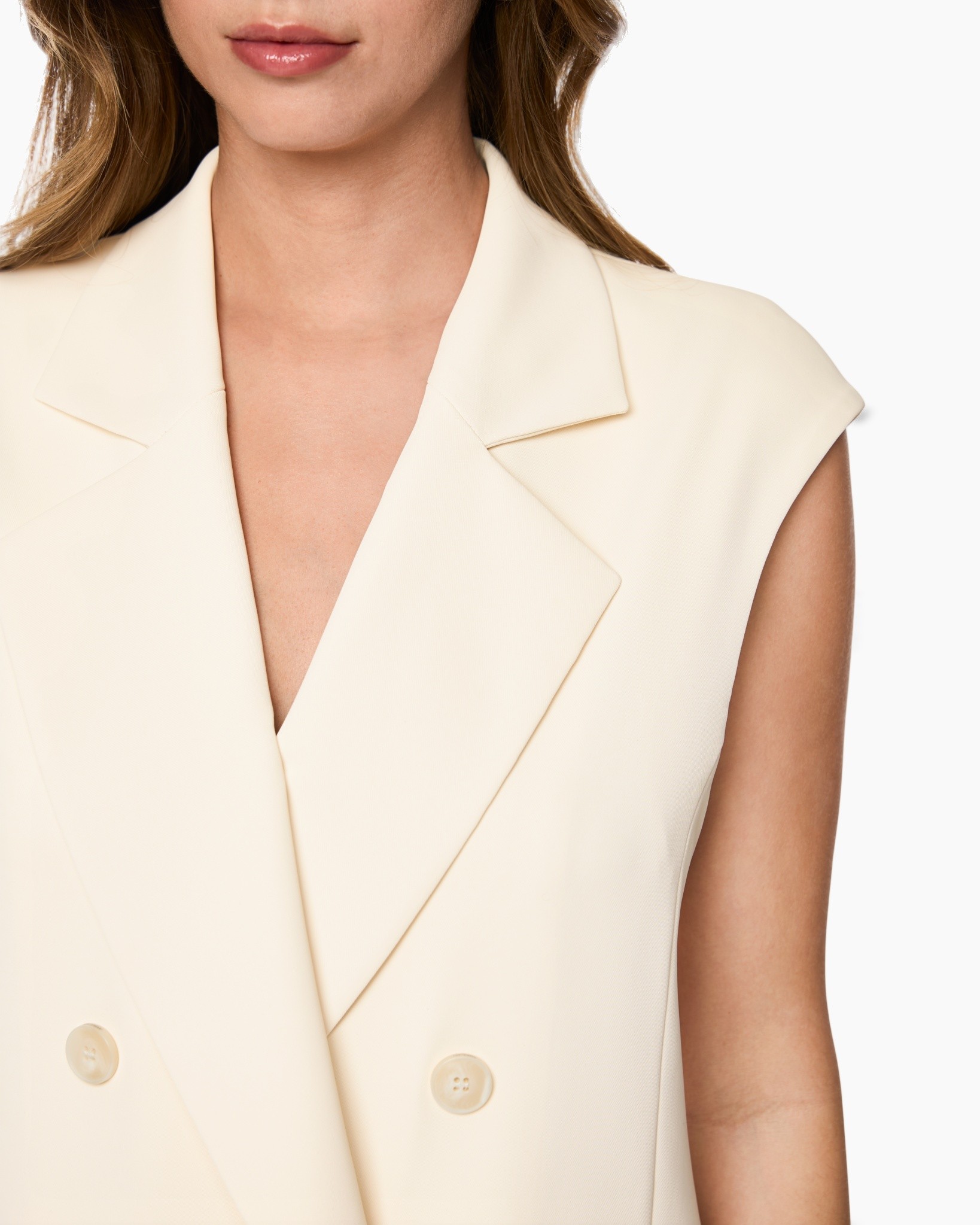 vest, blazer, dubbelrij, crème, mouwloos
