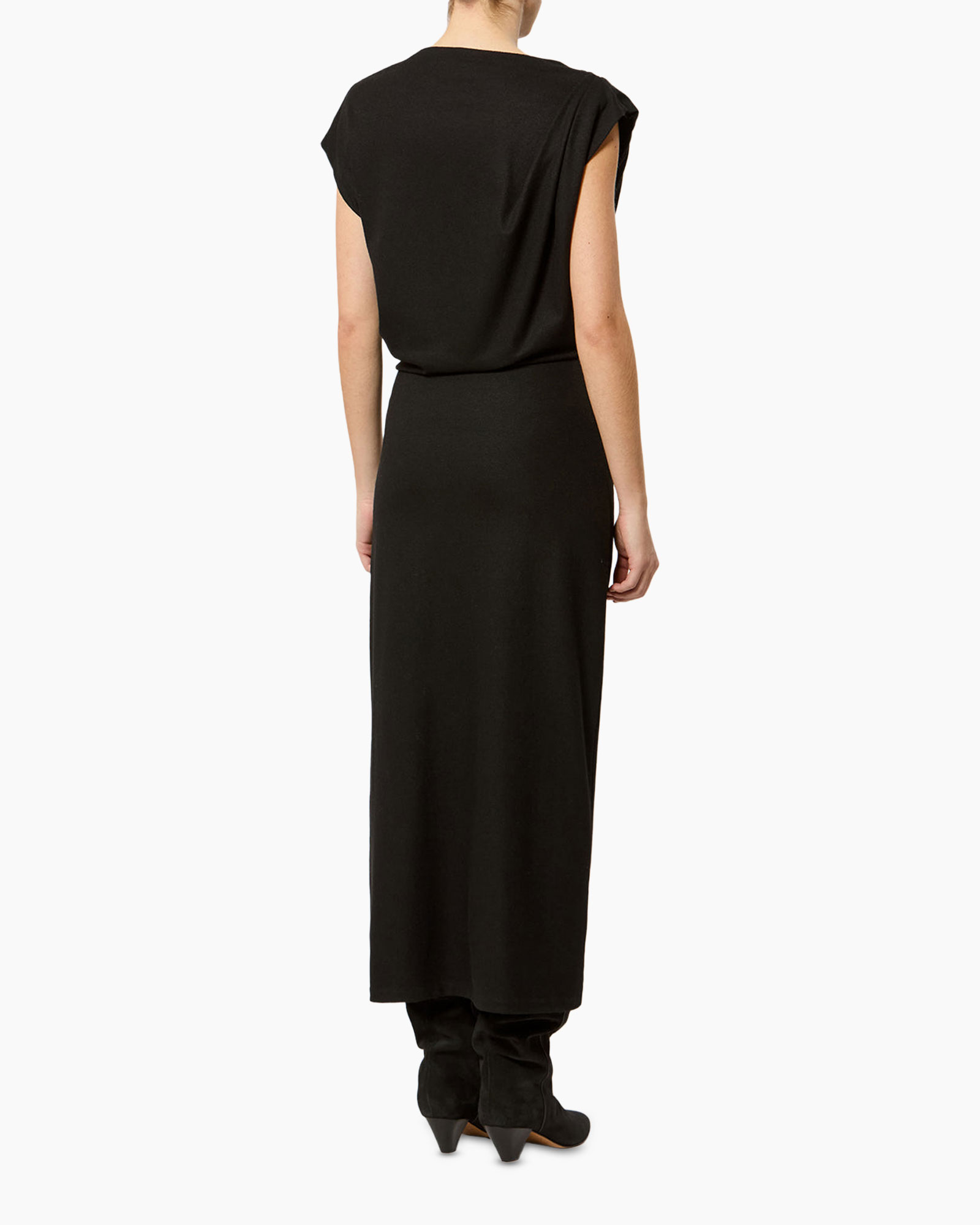 jurk, zwart, asymmetrisch, split, knee-high laarzen