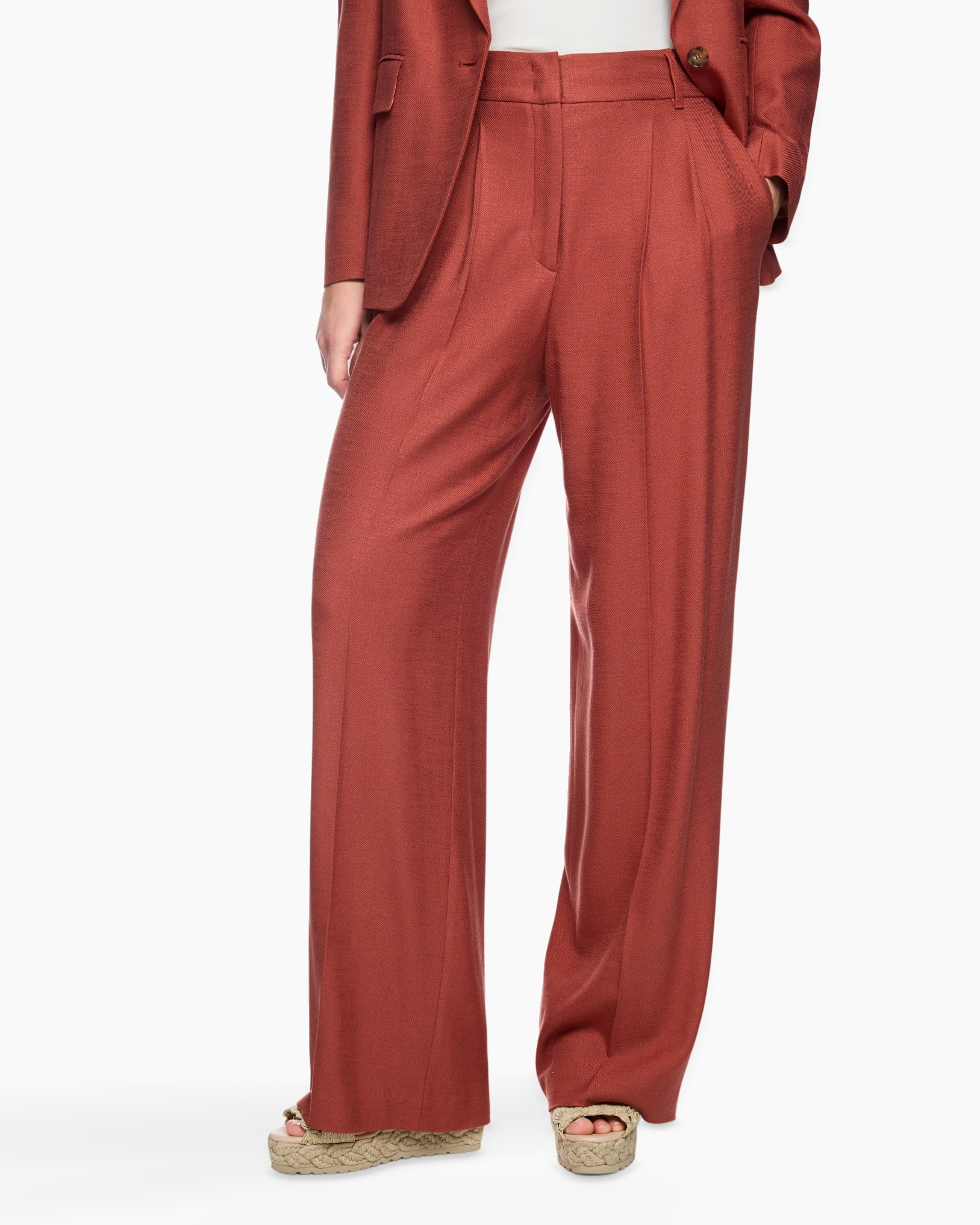 broek, wijd uitlopend, hoge taille, roodbruin, linnen mix