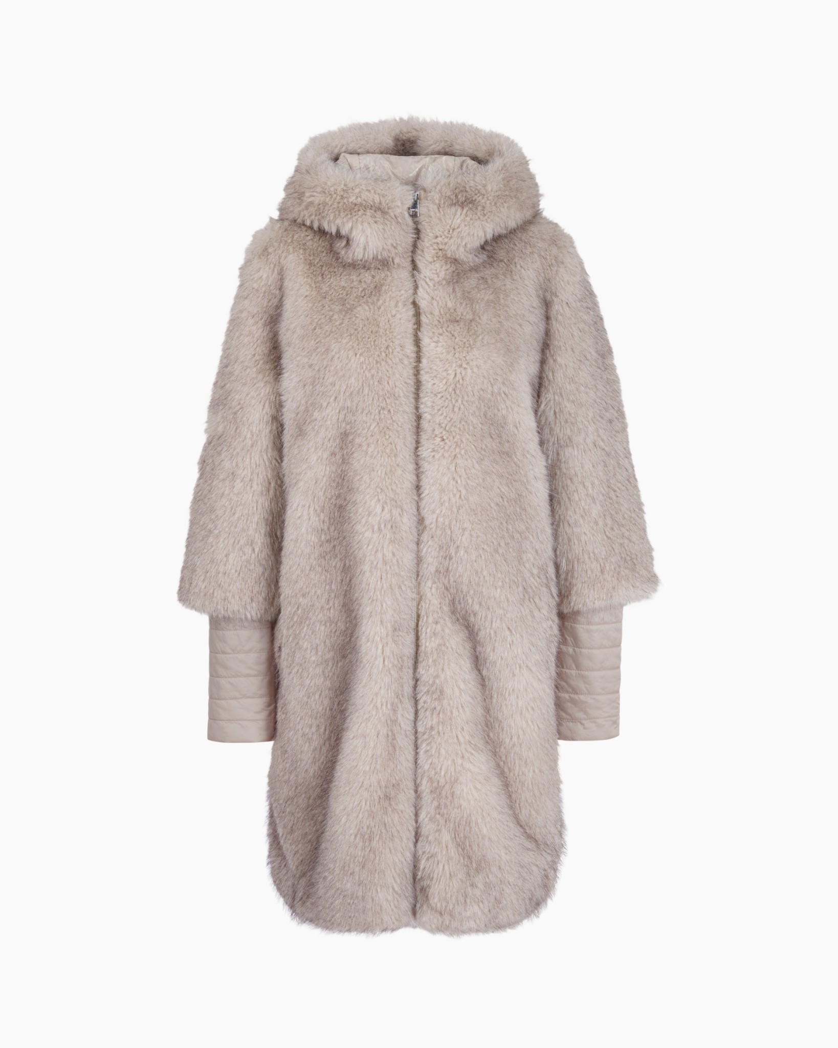 nepfaux vacht jas, lange jas, beige, kap borstel, gepaddelde mouwen