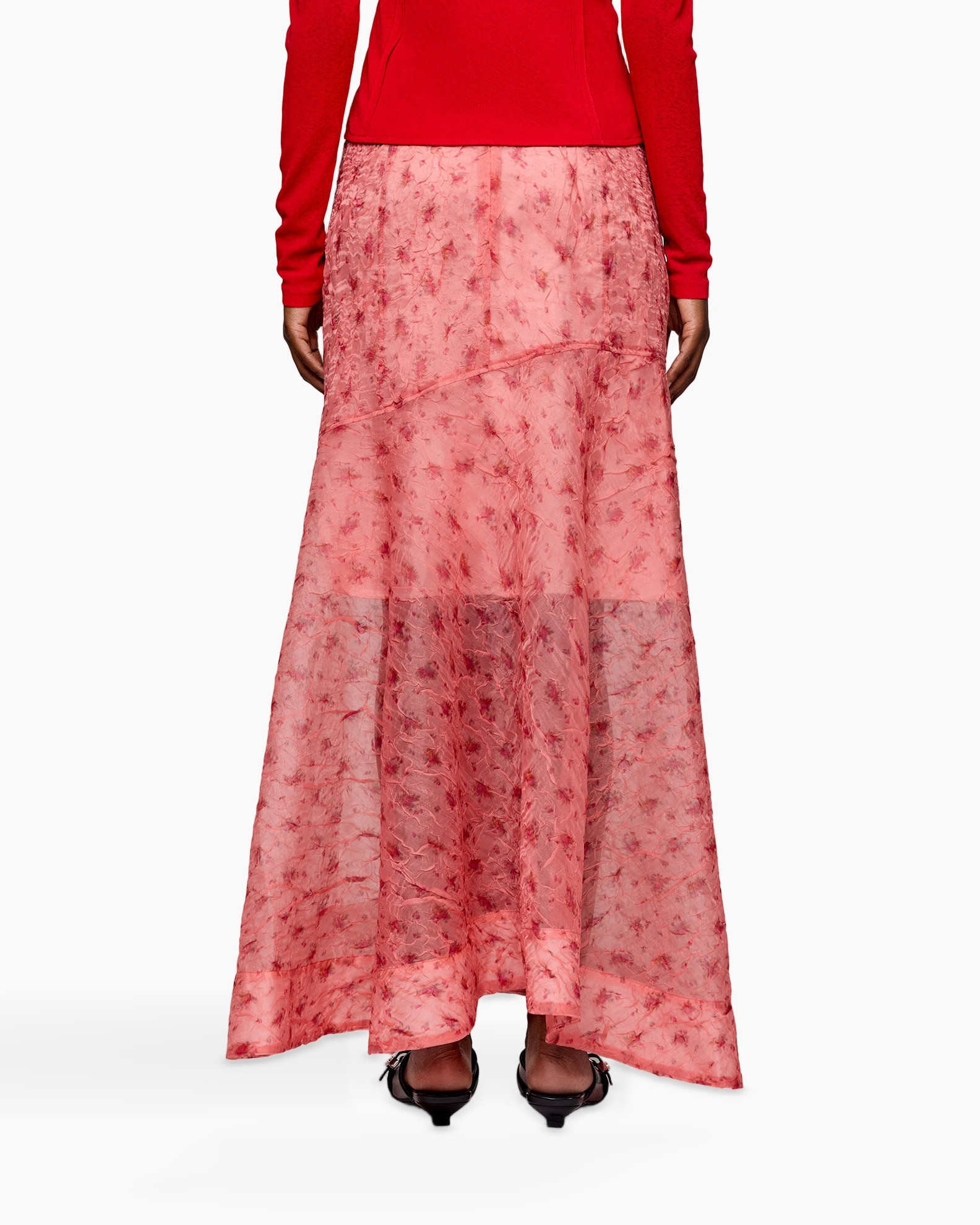 maxirok, kant, roze, enkellengte, slip-on schoenen