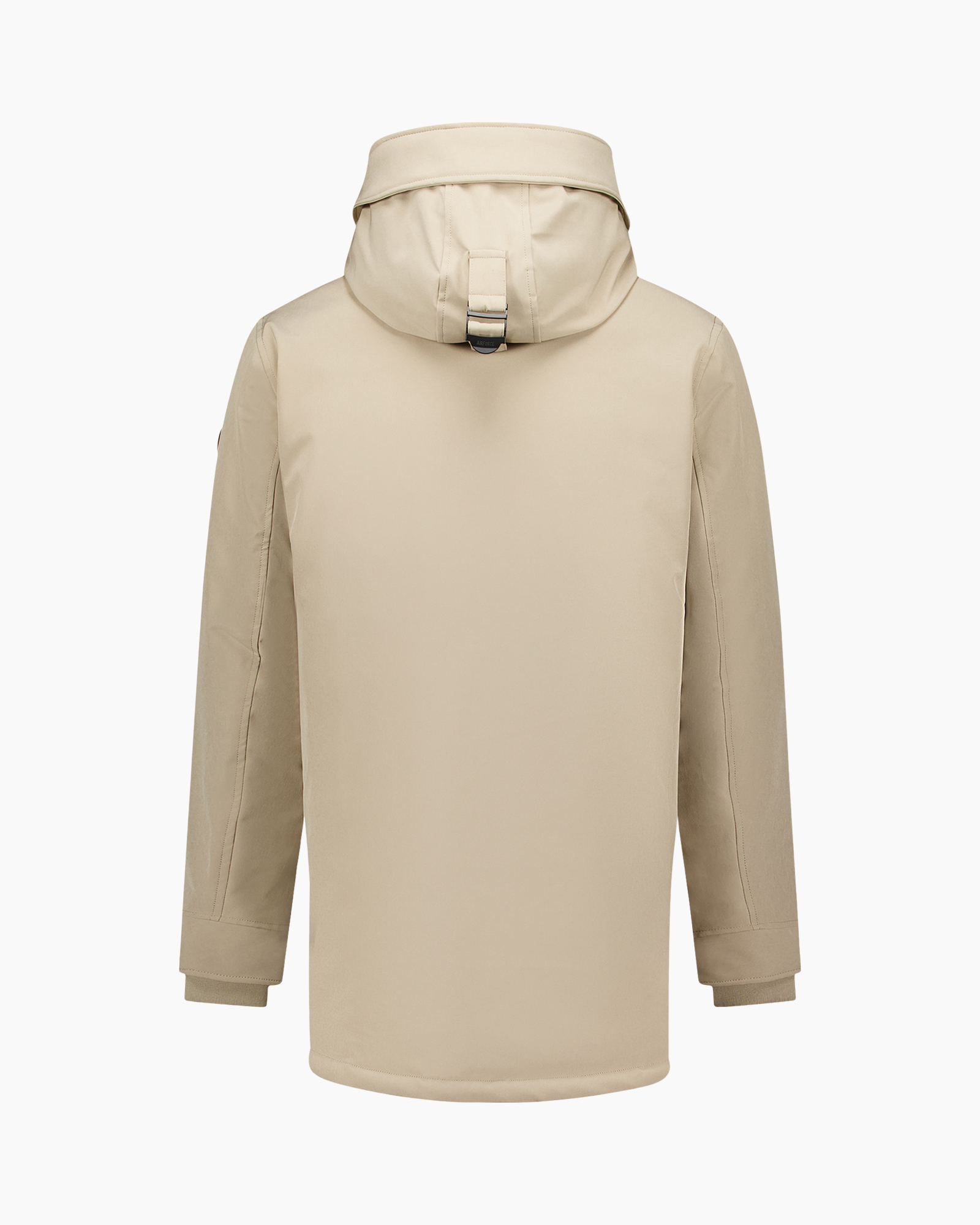 parka, beige, kapophaal, lange jas, zakken