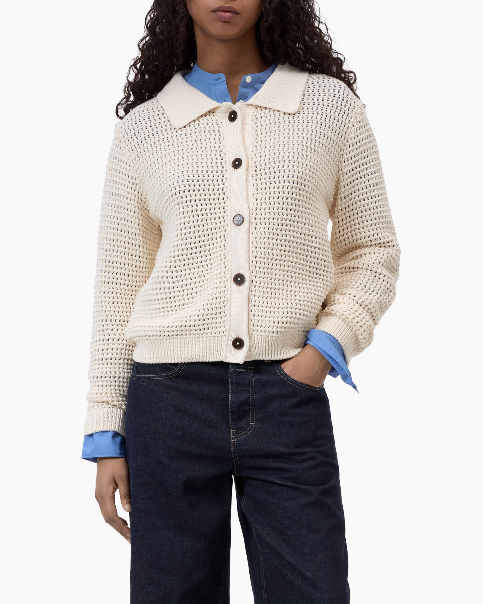 cardigan, breipull, crème, knopen, kraag
