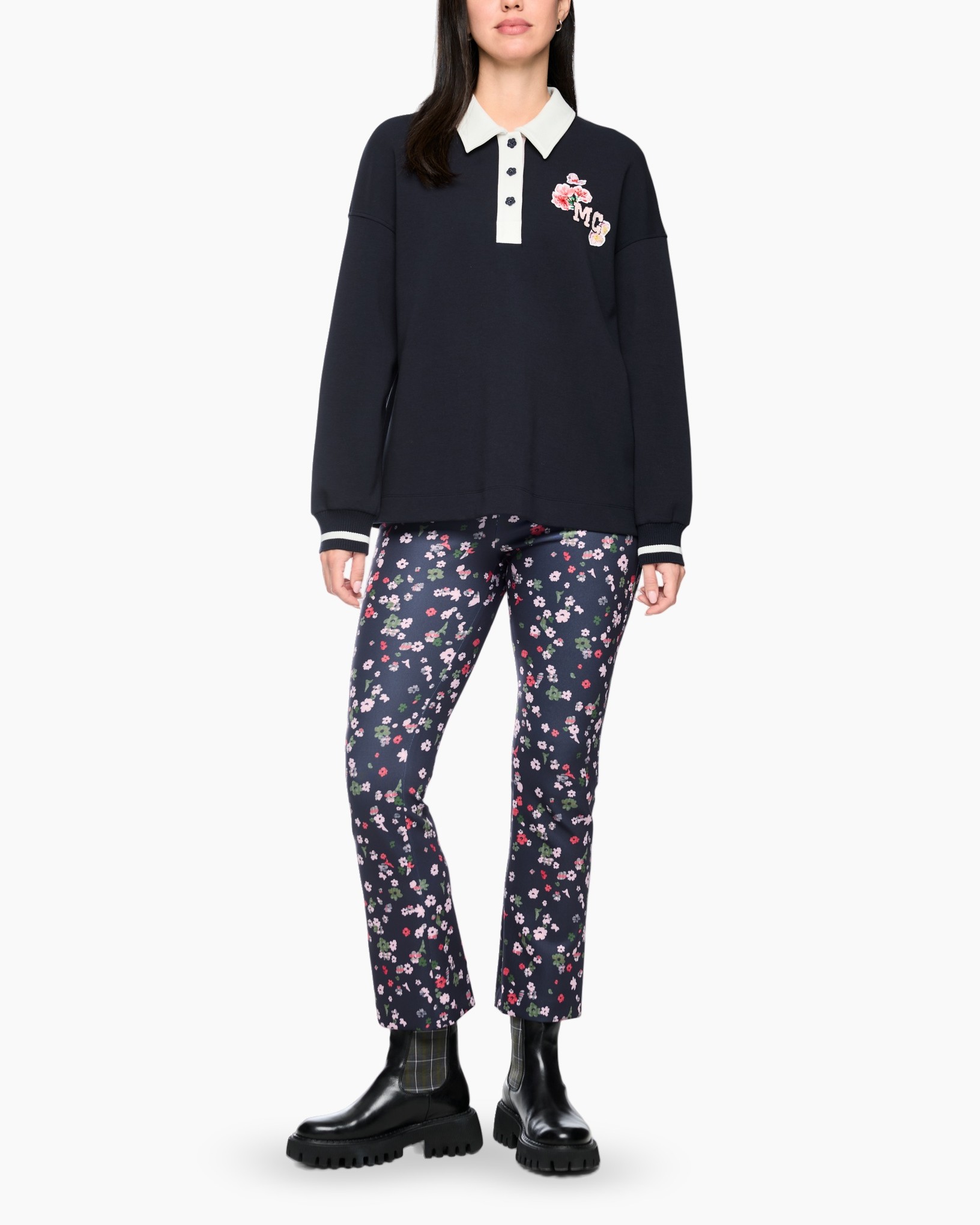 polopolo, borduursel patch, navy top, lange mouw, gekraagde polo