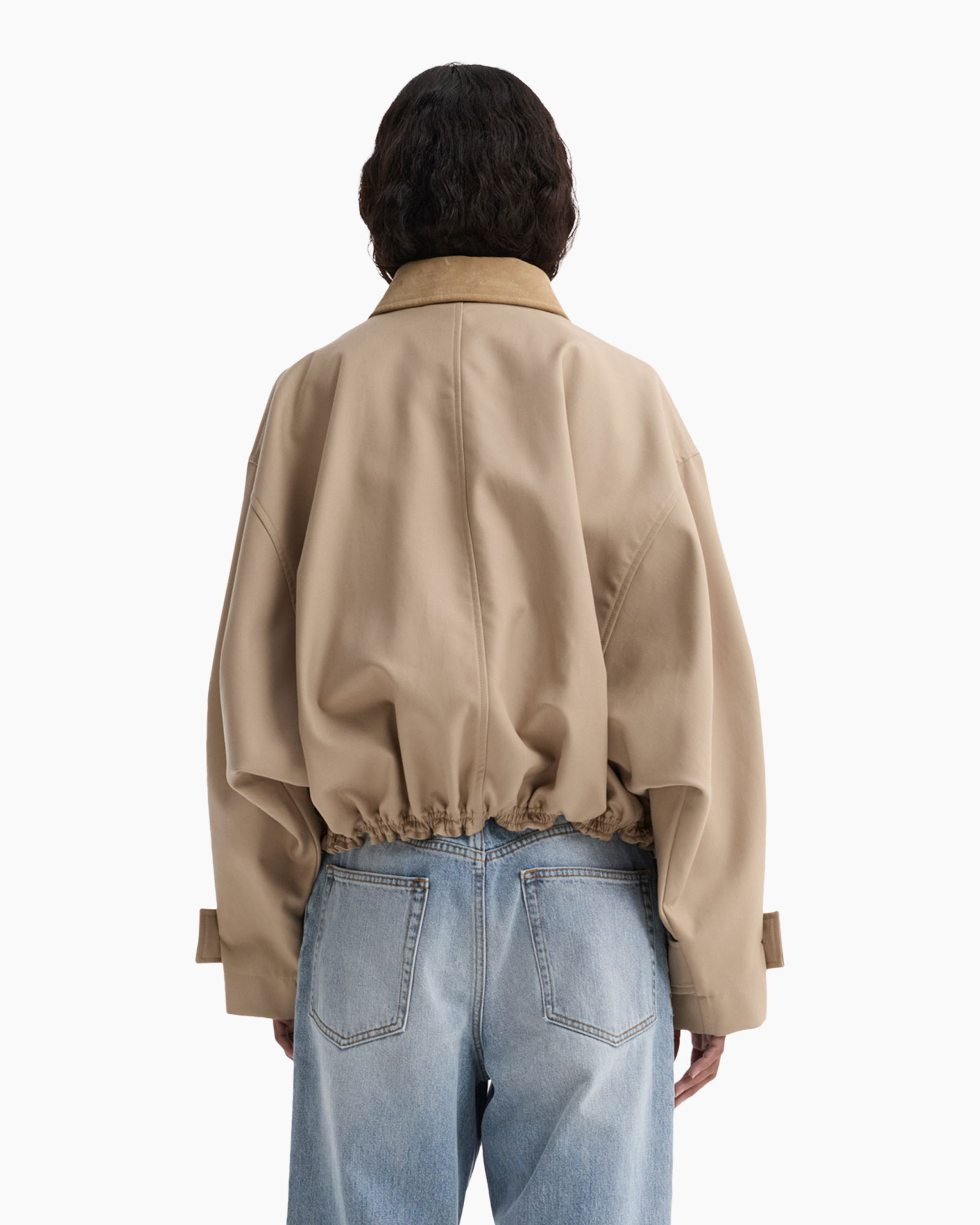 jas, beige, taillelijnaf, oversized, denim jeans