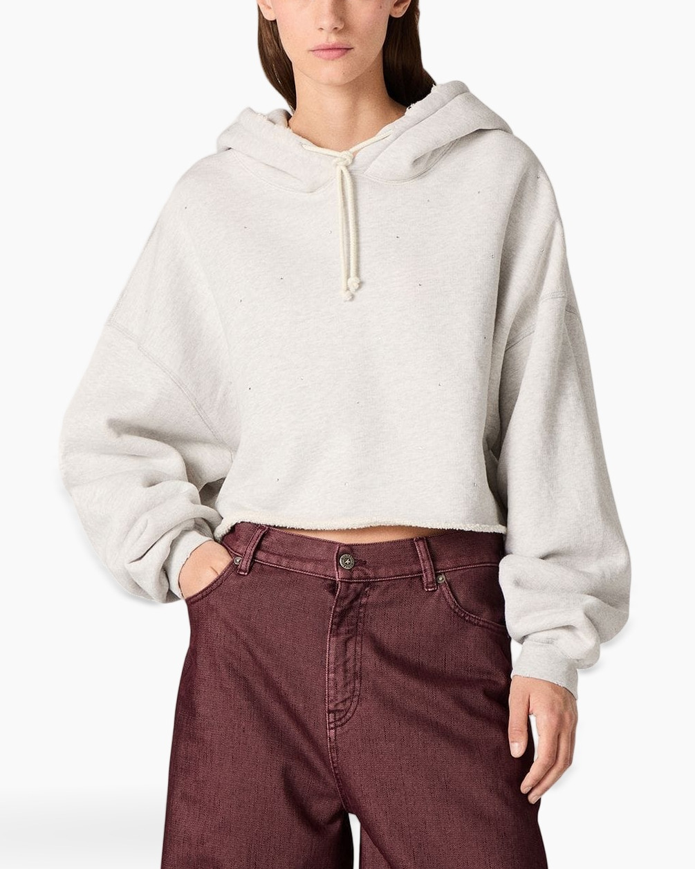 hoodie, gekocht cropped, trui, lichtgrijs, touwtje