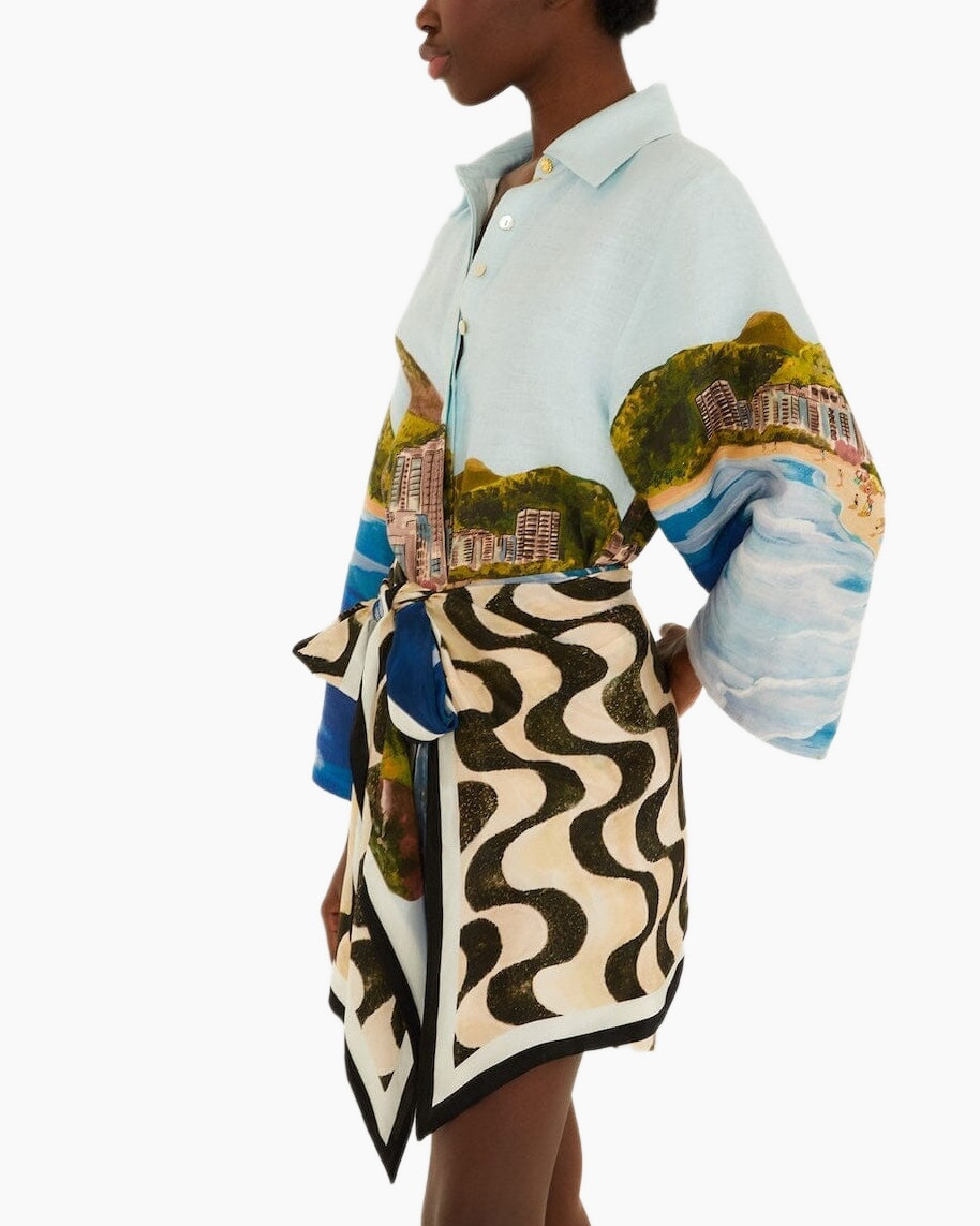 kimono, omslag, geprintte sjaal, riemceintuur, lange mouwen