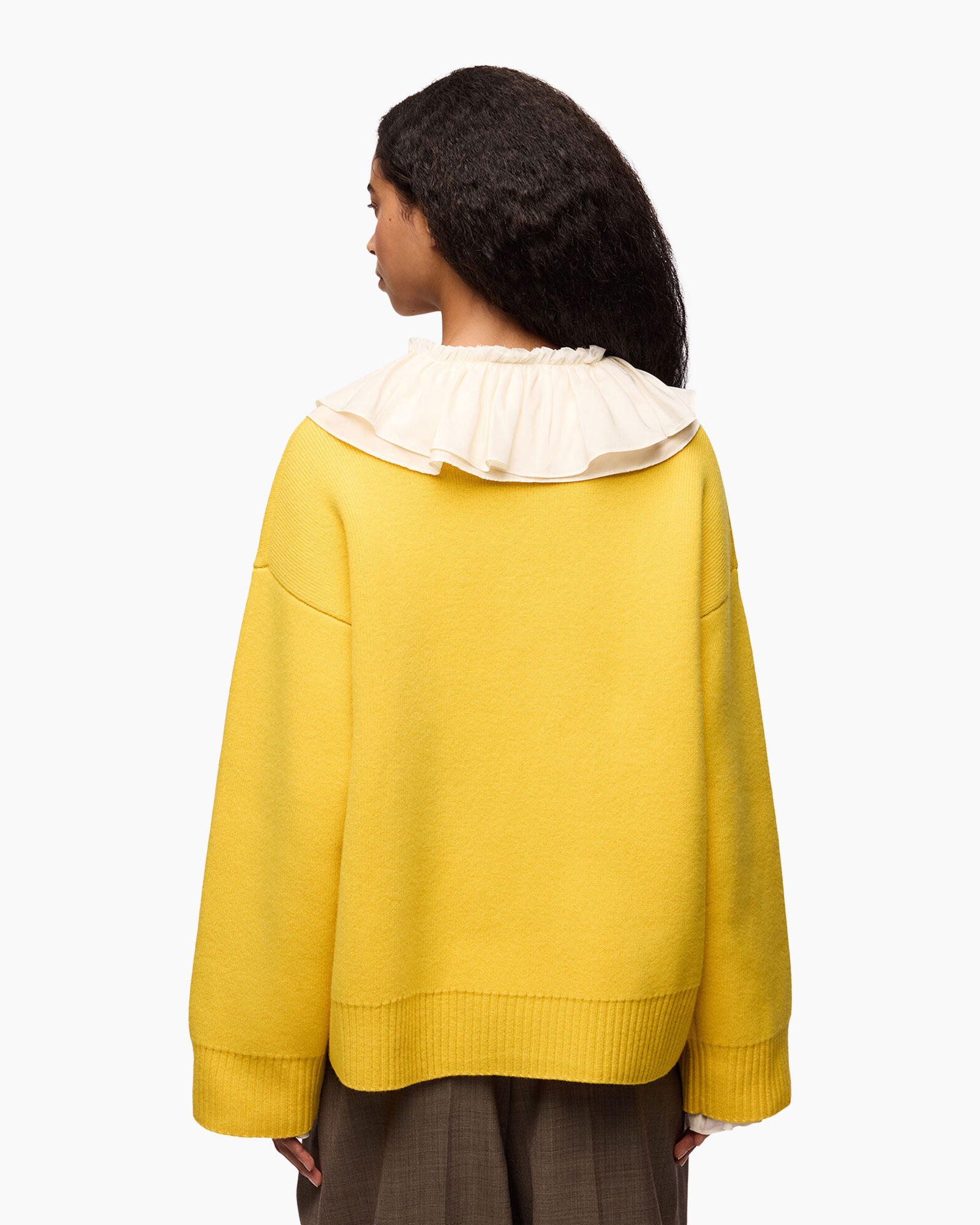 gele trui, oversized trui, gebreid top, rond hals, kraagachtige look