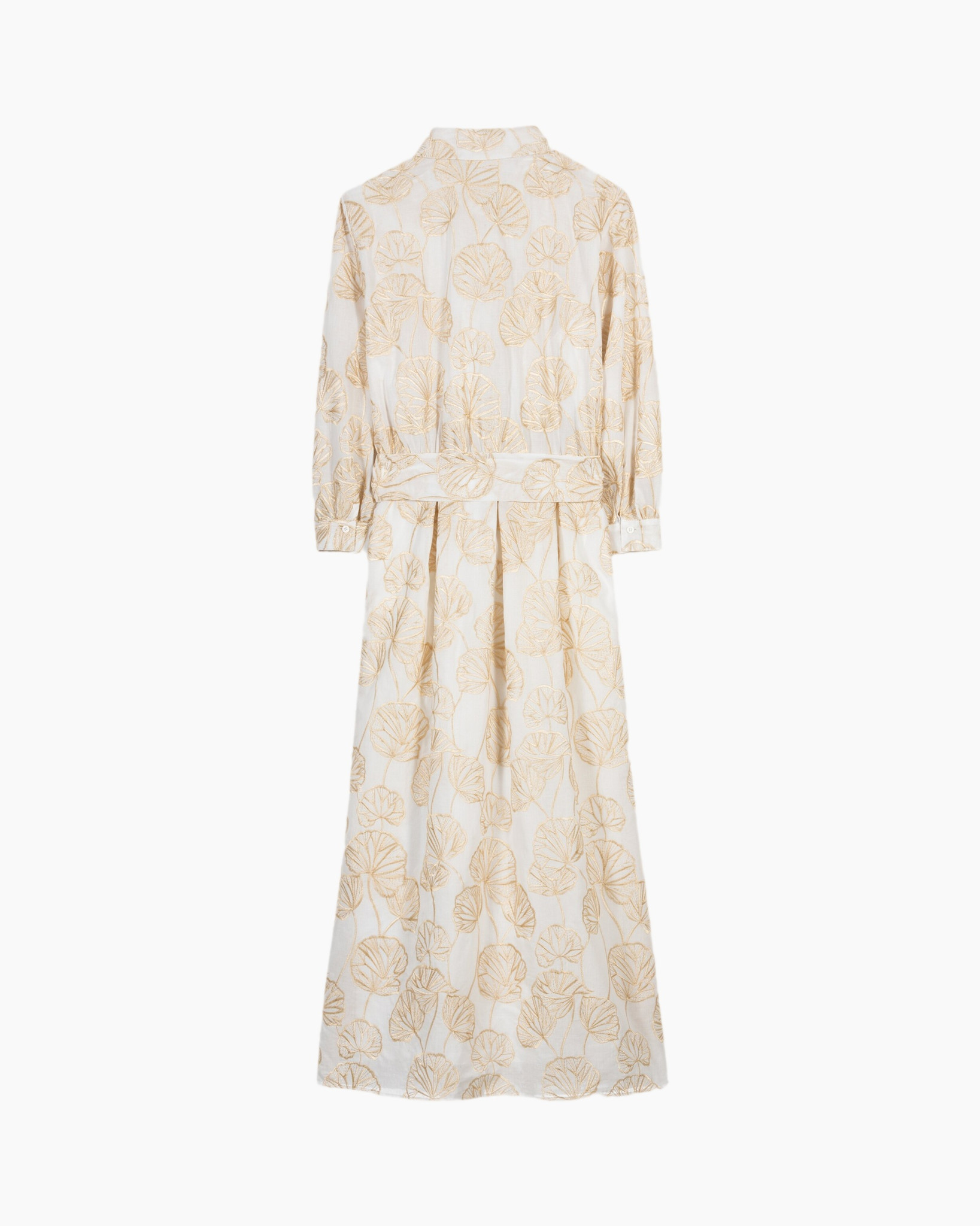 maxi jurk, linnen print, beige patroon, lange mouwen, kraaglijn