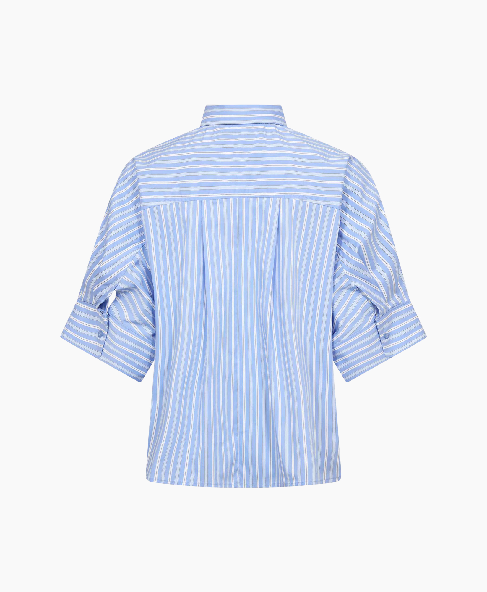 gestreepte blouse, blauwe blouse, kraag blouse, korte mouwen, verticale strepen