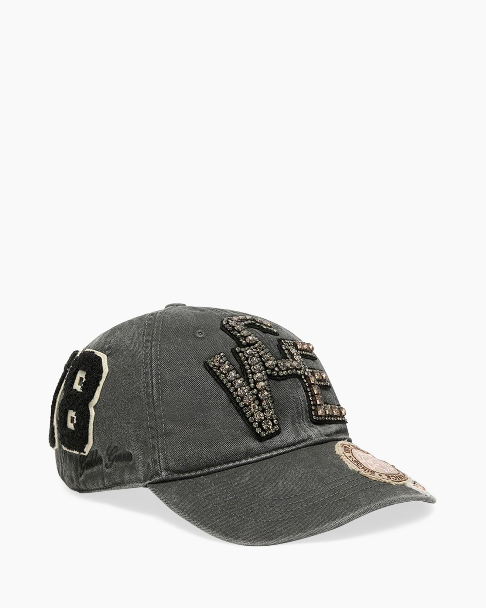 pet, kaps, versierd, diamanten accenten, grijs, petraenkap, verstelbaar, steenversiering, denimlook, contraststiksels