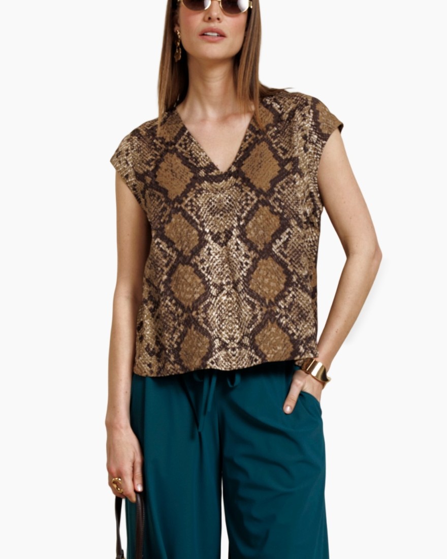 slangenprint, slangenhuid, top, mouwloos, V-vormige_hals