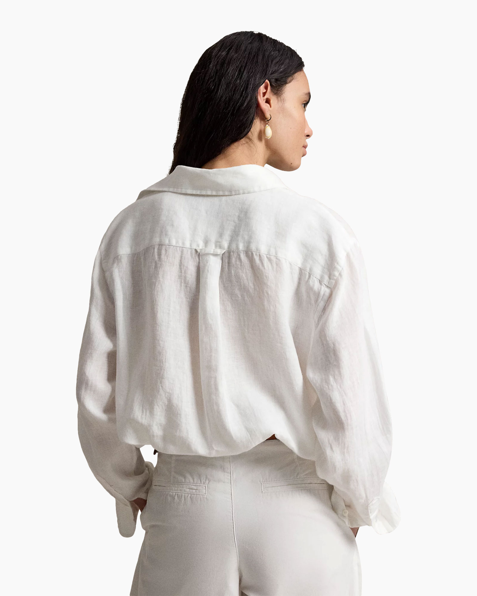 white shirt, linen shirt, long sleeve, pocket logo, belted outfit