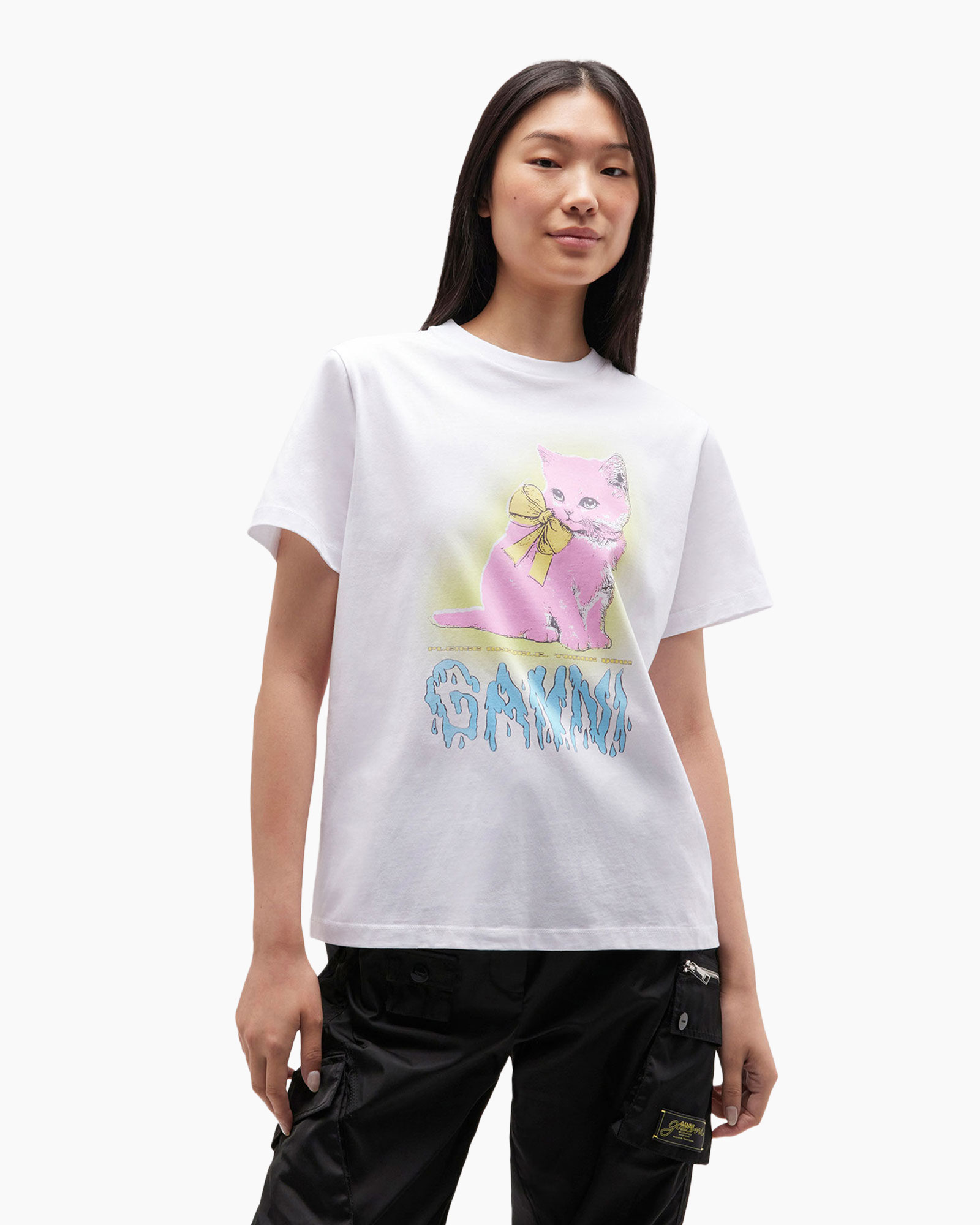 T-shirt Korte Mouw Basic Cotton Jersey Neon Kitty Wit