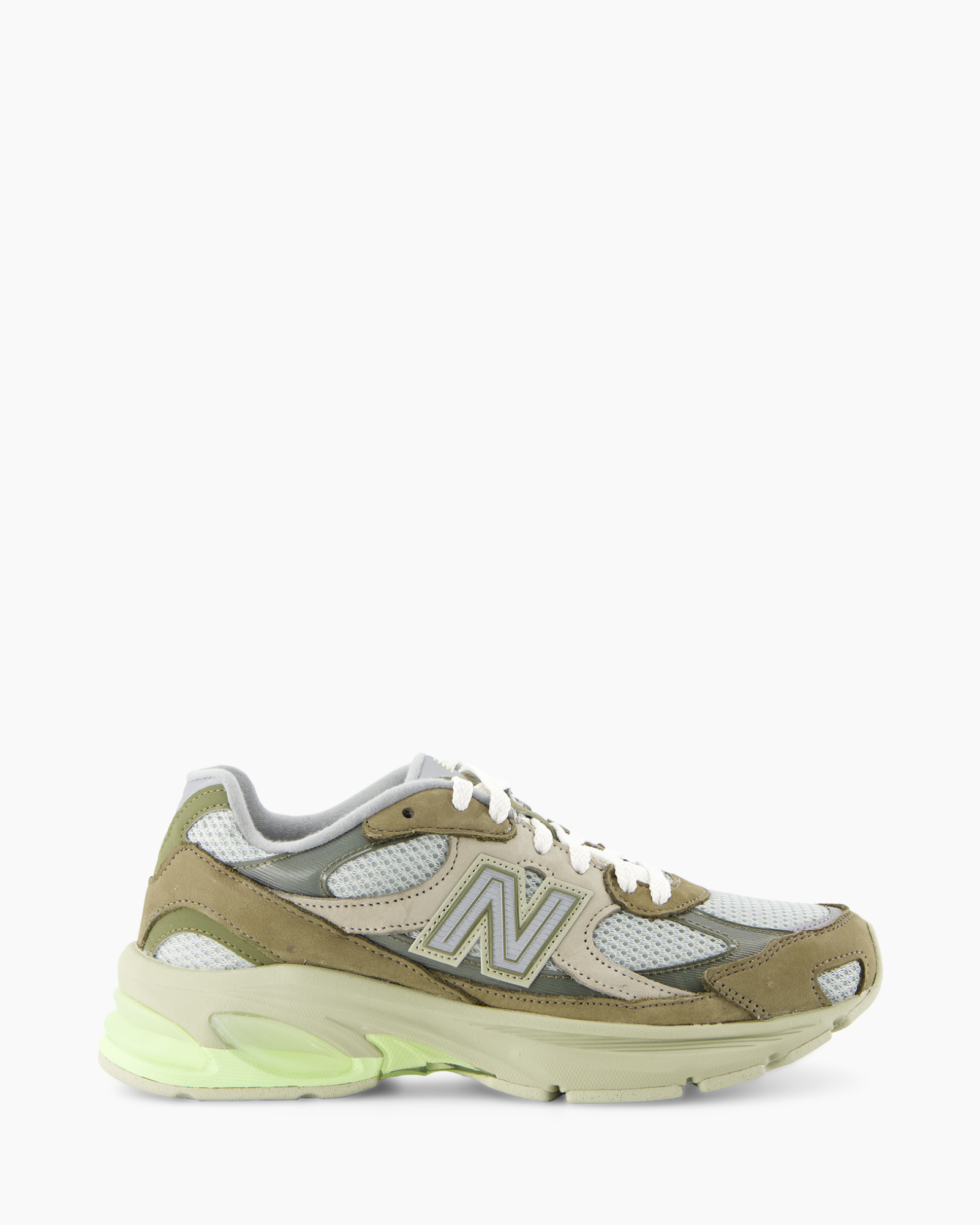 sneaker, mesh, tansubdued, grijs, neon groen zool