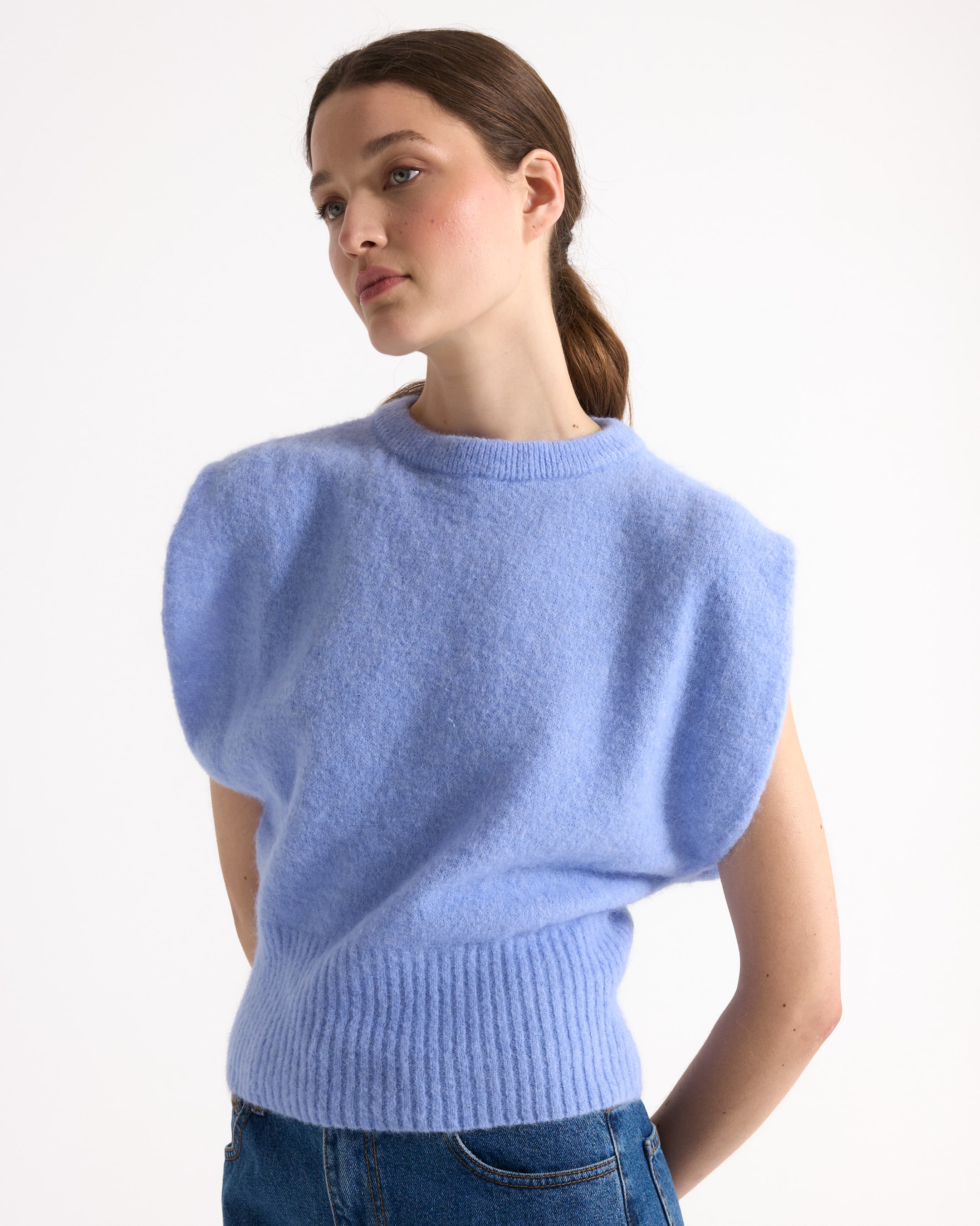 sweater, knitwear, light blue, crew neck, ribbed hem