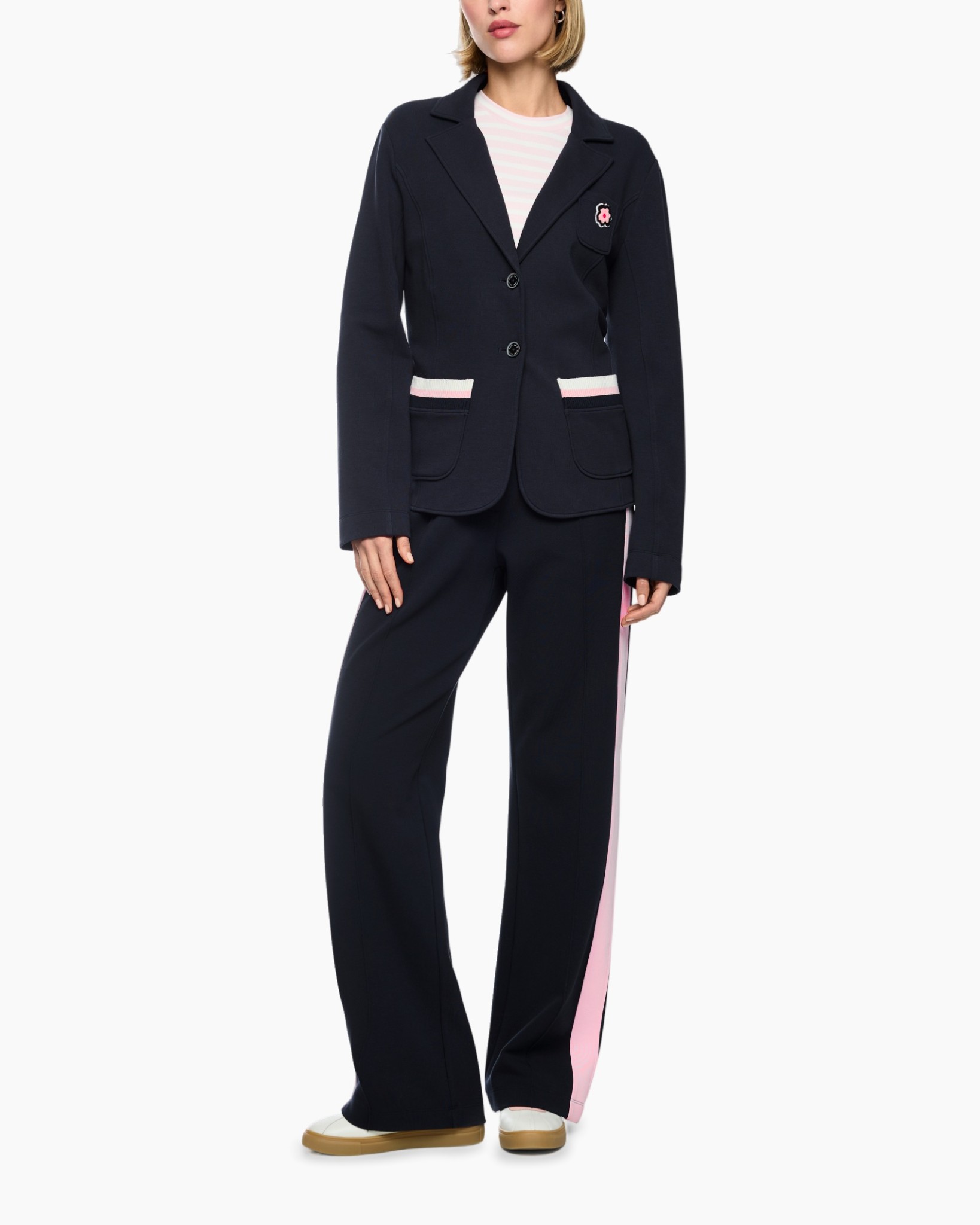 blazer, jacket, marineblauw, zakken, roze streep