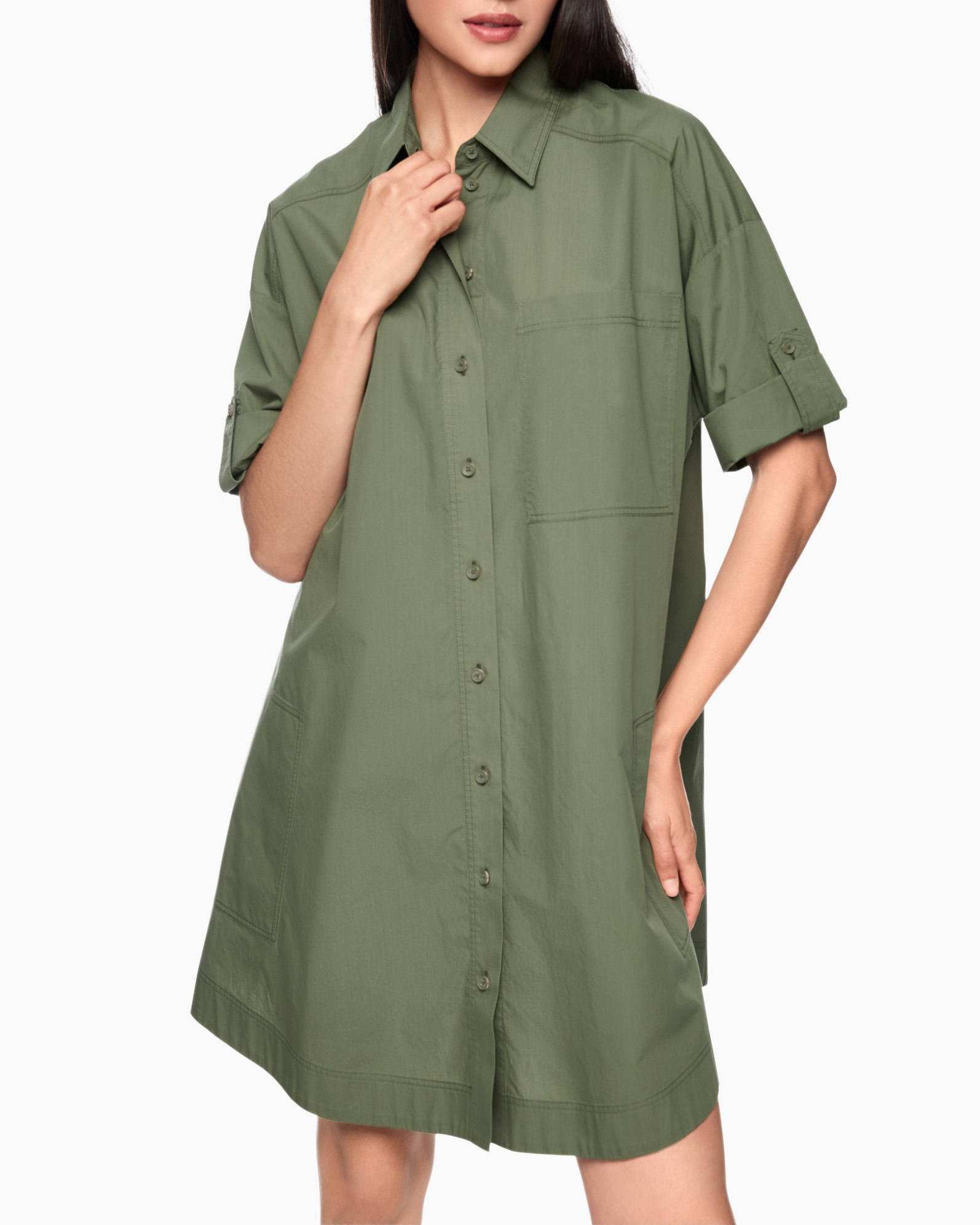 shirt dress, button-down, olive green, collared, short sleeve