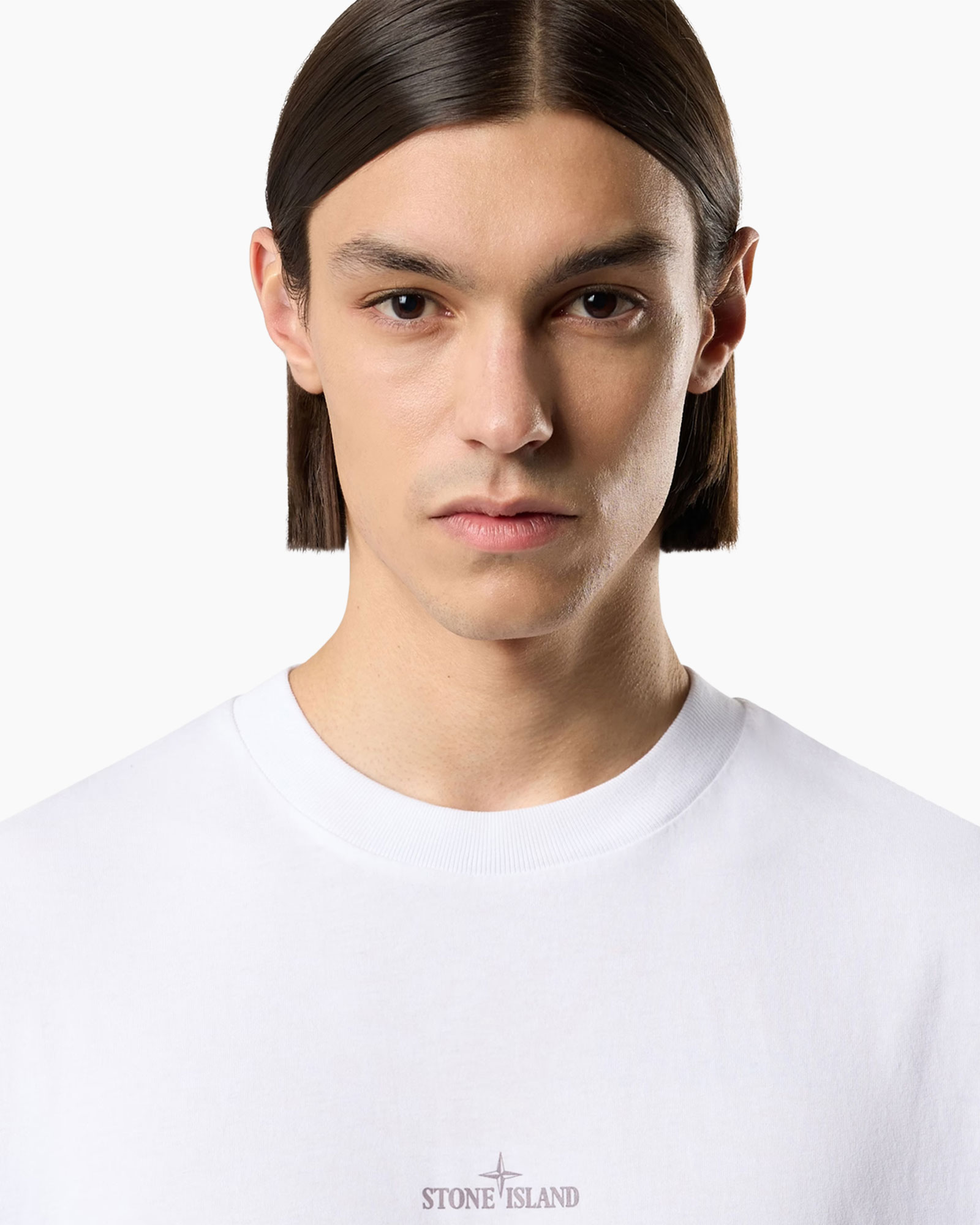 t-shirt, wit, kraagloze ronde hals, katoen, Stone Island logo