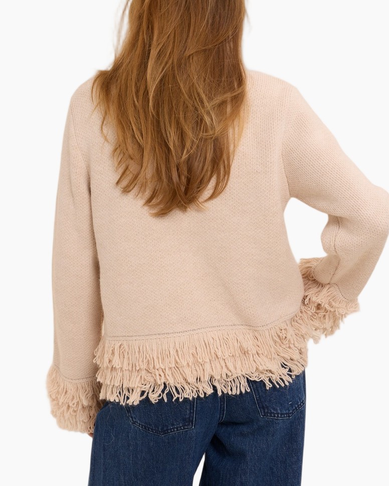beige trui, fringe zoom?, gebreide trui, lange mouwen, casual top