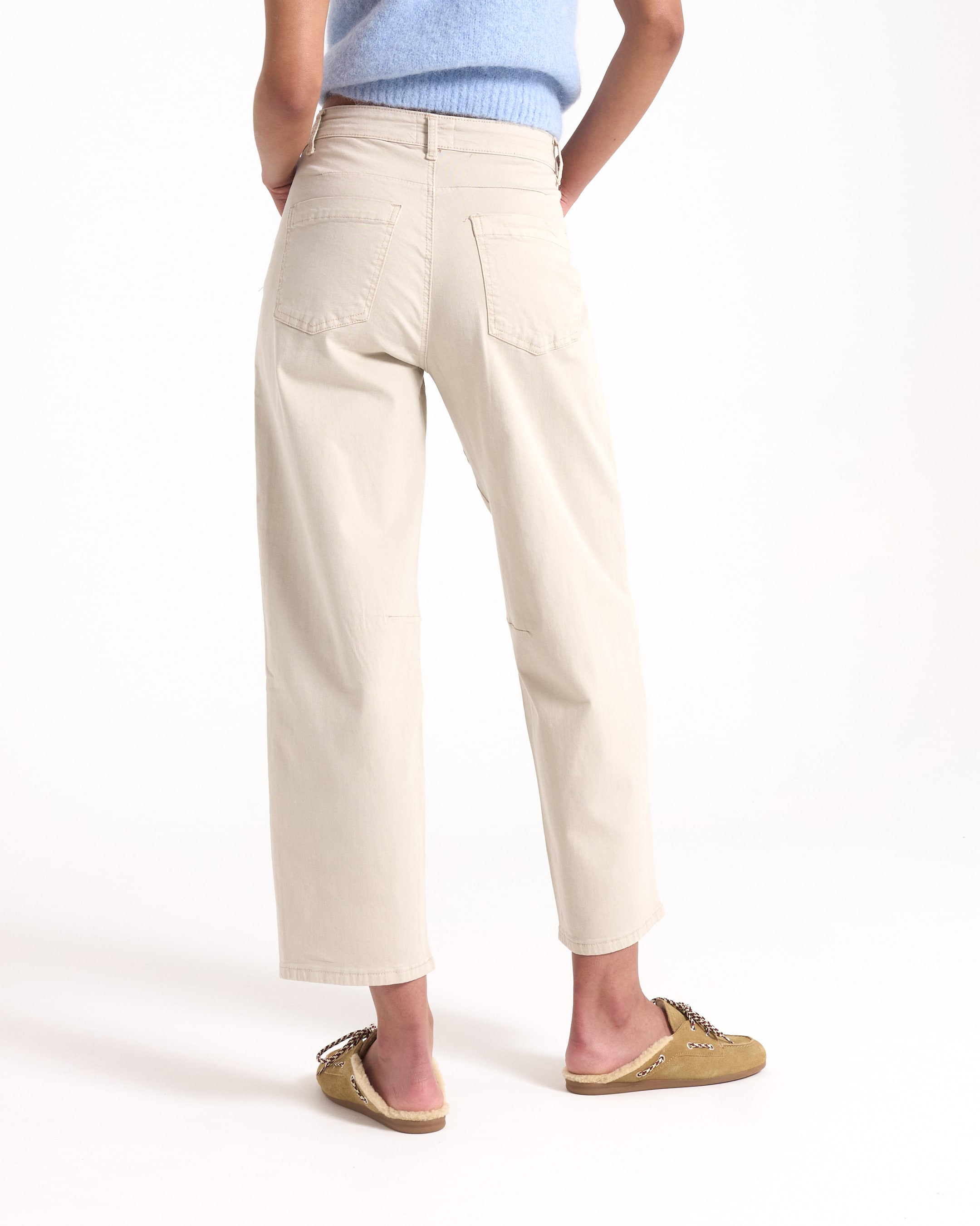 pants, beige, wide-leg, back pockets, casual