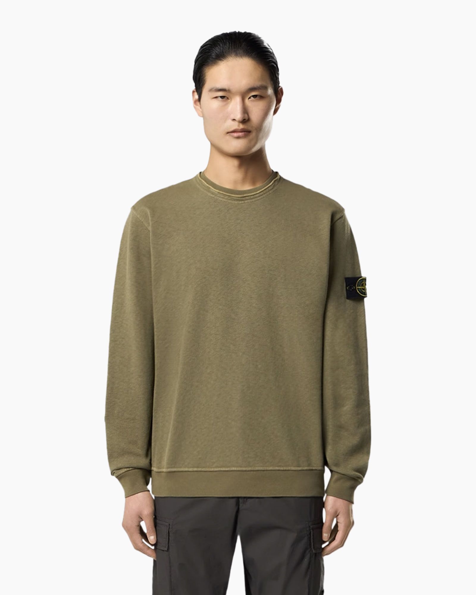 pullover, crewneck, olijfgroen, lange mouwen, patch