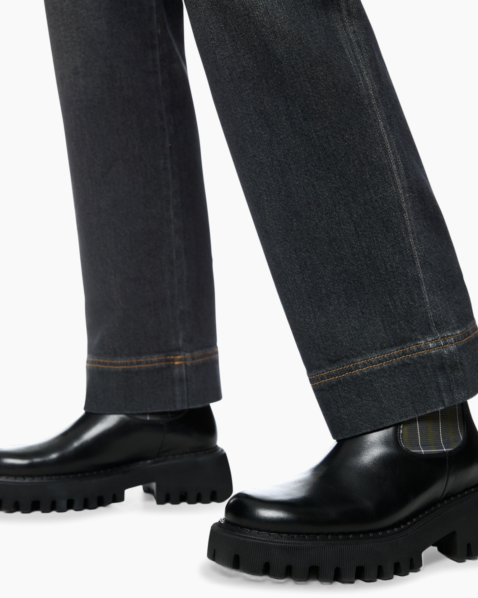 broek, denim, donkerwassen, gestiktezoom, laars