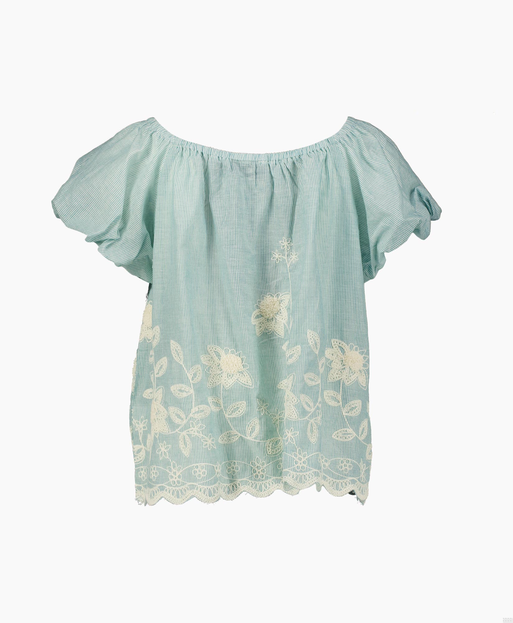 blouse, korte mouwen, borduursel, kant zoom, gestreepte stof