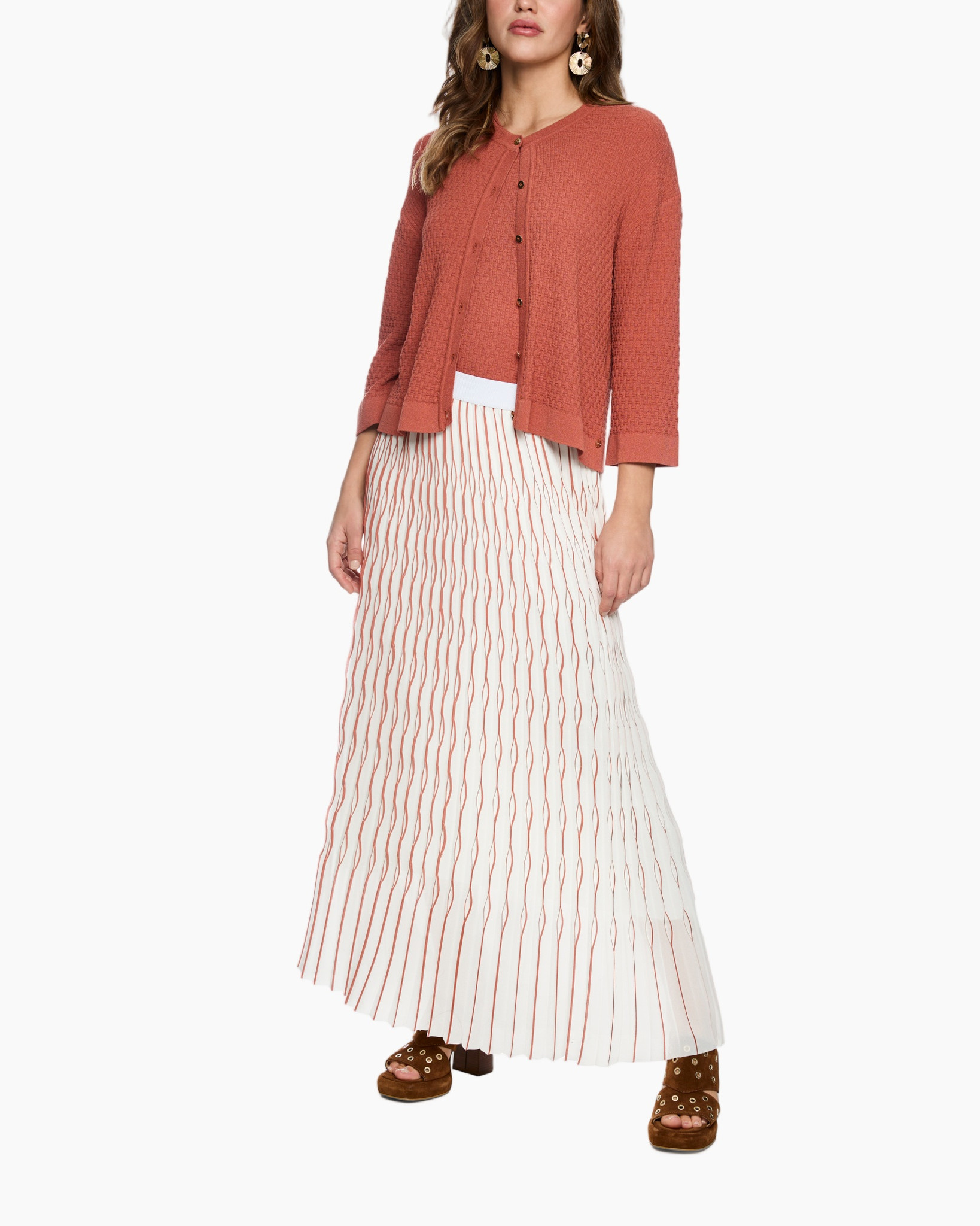 cardigan, button-front, three-quarter sleeve, terracotta, knit top, pleated skirt, white with red stripes, platform sandals