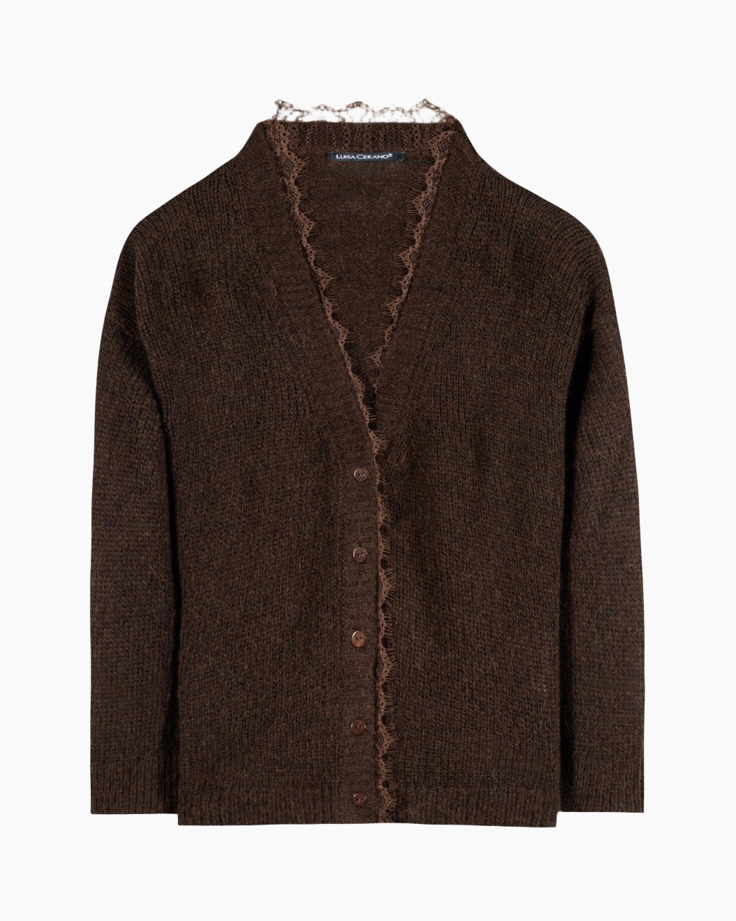 cardigan, bruin, breiwerk, kantstrook, knopen